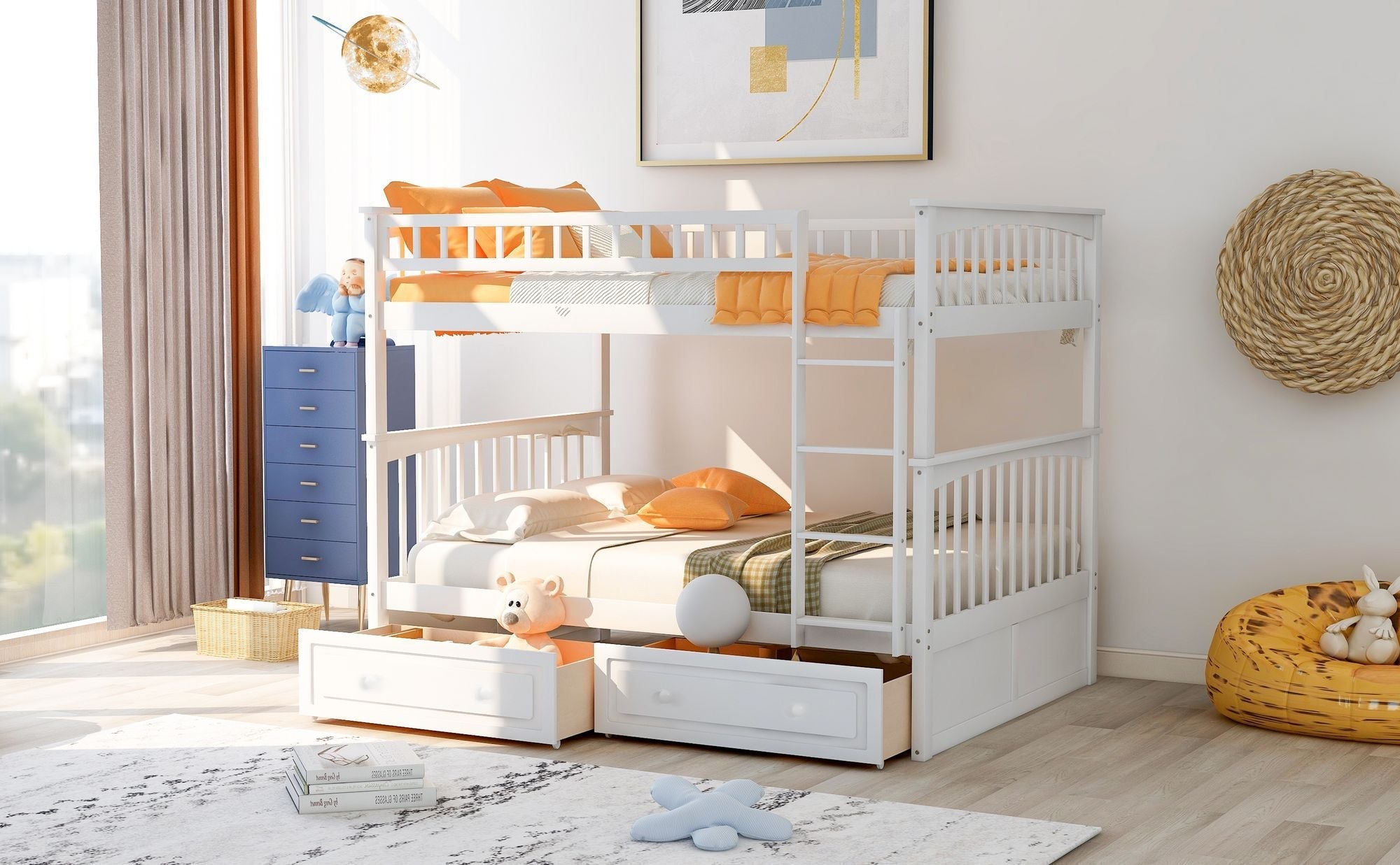 Shared Kids Room Full Over Full Wood Bunk Bed with Storage Drawers, Convertible, White | Just Better Bunk Beds
