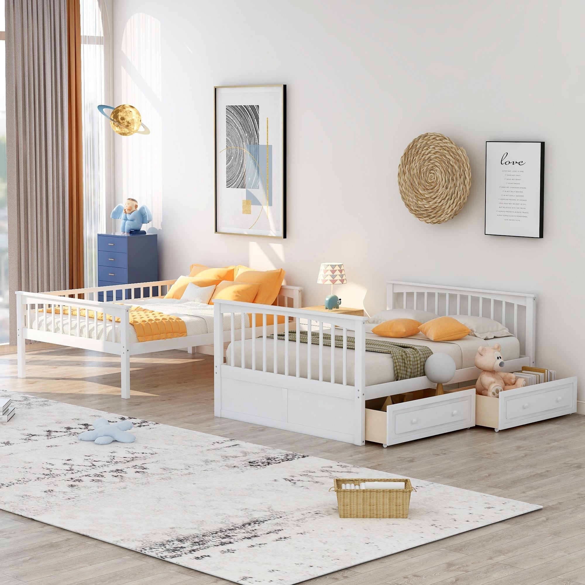 Shared Kids Room Full Over Full Wood Bunk Bed with Storage Drawers, Convertible, White | Just Better Bunk Beds