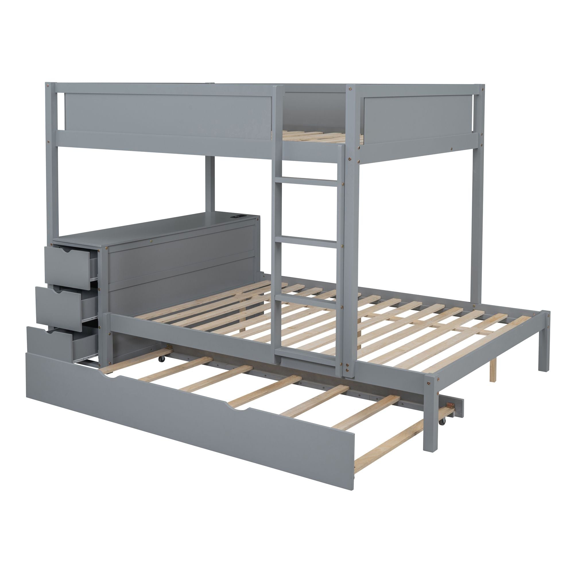 Shared Kids Room Full Over Full Wood Bunk Bed with Twin Trundle, Storage & Desk, Gray | Just Better Bunk Beds