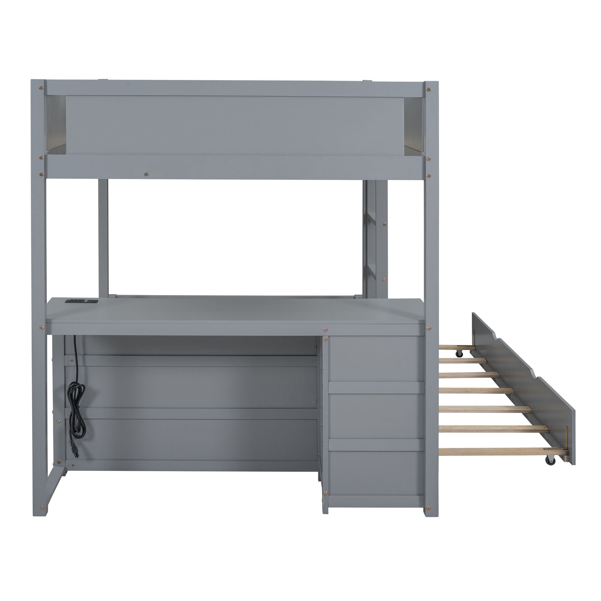 Shared Kids Room Full Over Full Wood Bunk Bed with Twin Trundle, Storage & Desk, Gray | Just Better Bunk Beds