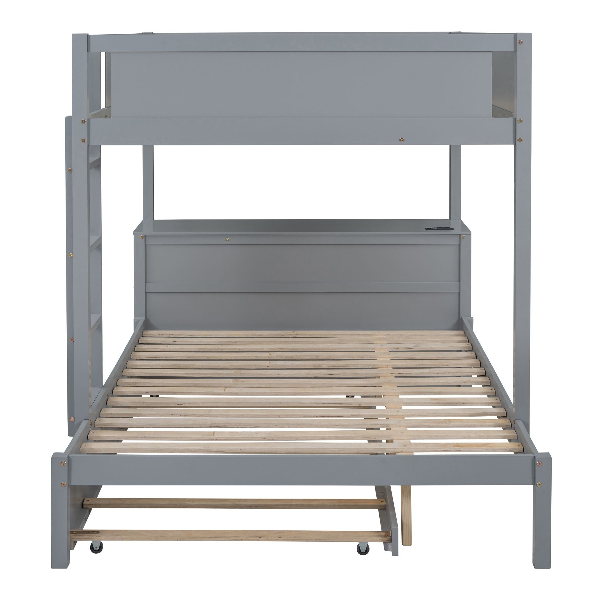 Shared Kids Room Full Over Full Wood Bunk Bed with Twin Trundle, Storage & Desk, Gray | Just Better Bunk Beds
