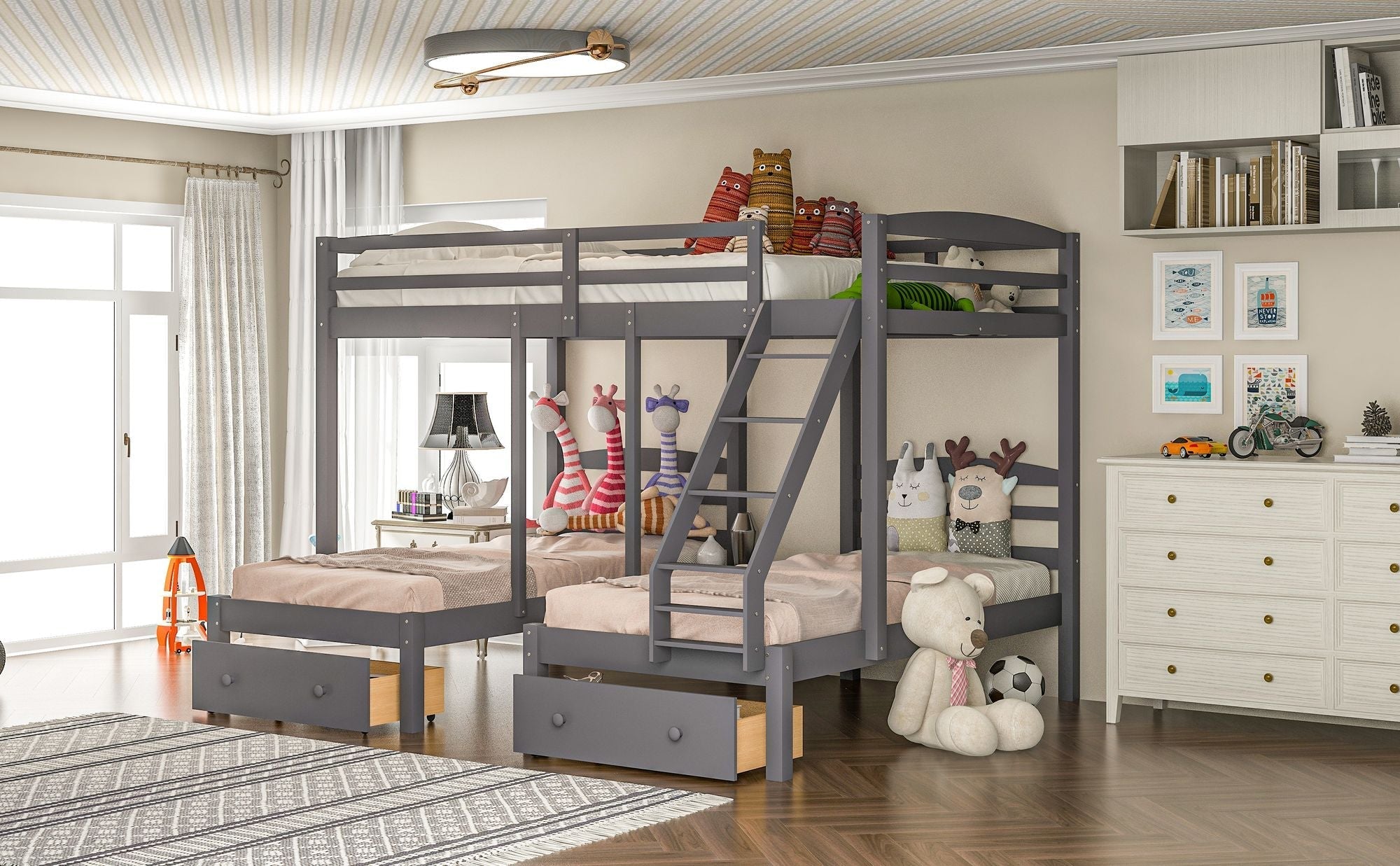 Shared Kids Room Full Over Twin and Twin Triple Wood Bunk Bed with Drawers Gray | Just Better Bunk Beds