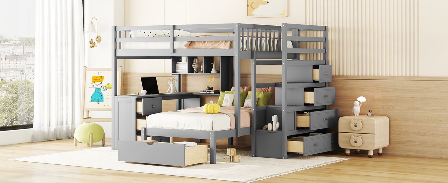Shared Kids Room Full Over Twin Wood Bunk Bed with Desk, Drawers, Shelves Gray | Just Better Bunk Beds