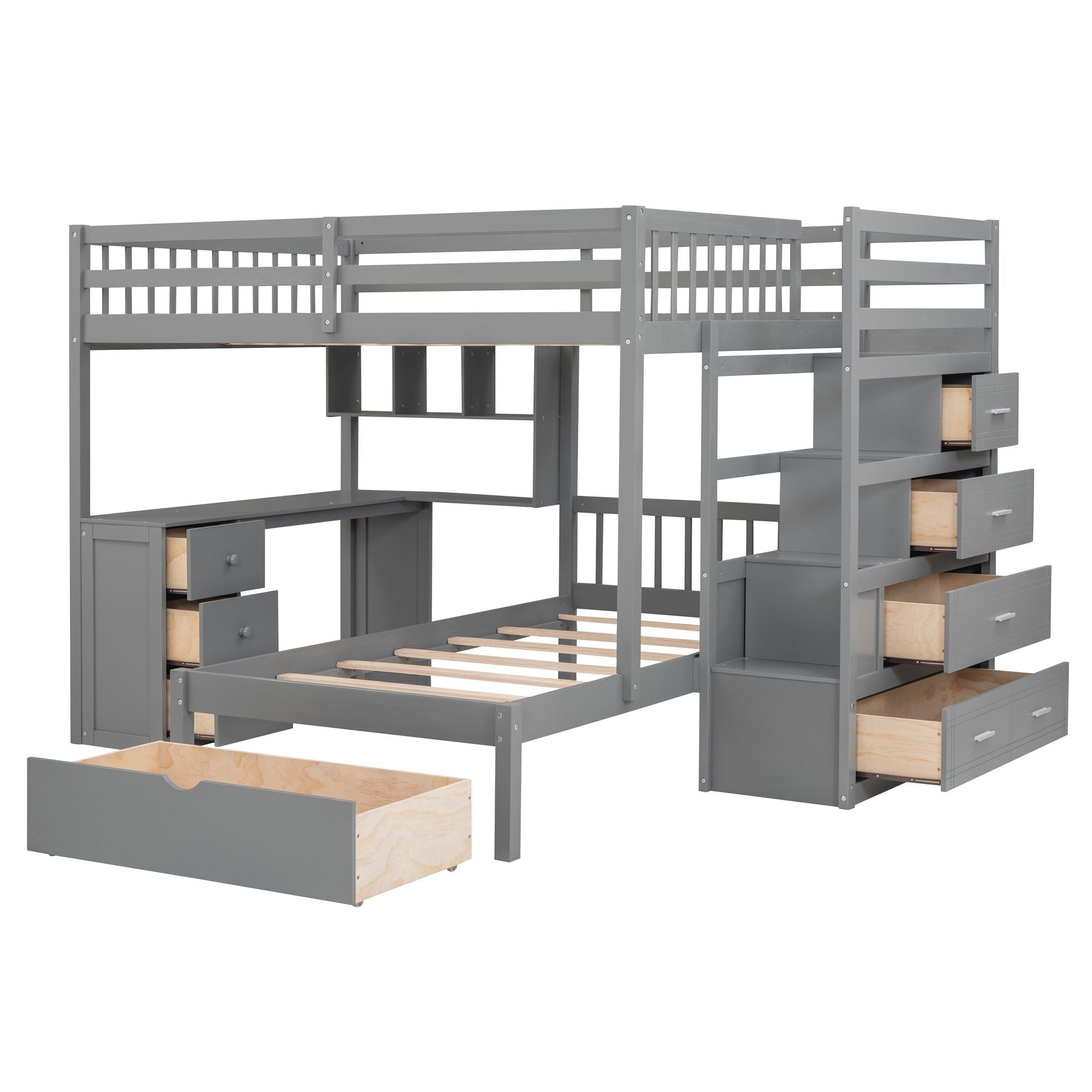 Shared Kids Room Full Over Twin Wood Bunk Bed with Desk, Drawers, Shelves Gray | Just Better Bunk Beds