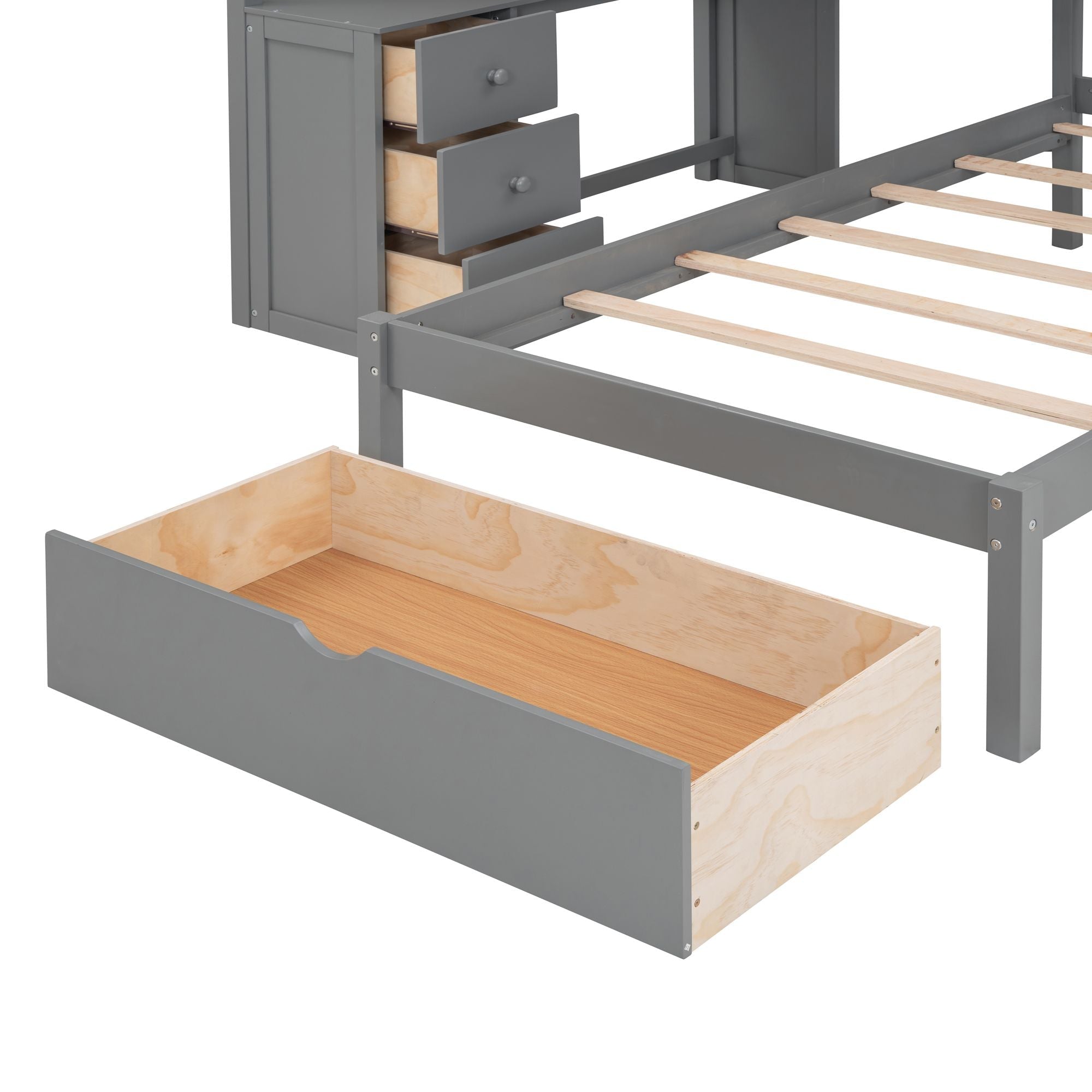 Shared Kids Room Full Over Twin Wood Bunk Bed with Desk, Drawers, Shelves Gray | Just Better Bunk Beds