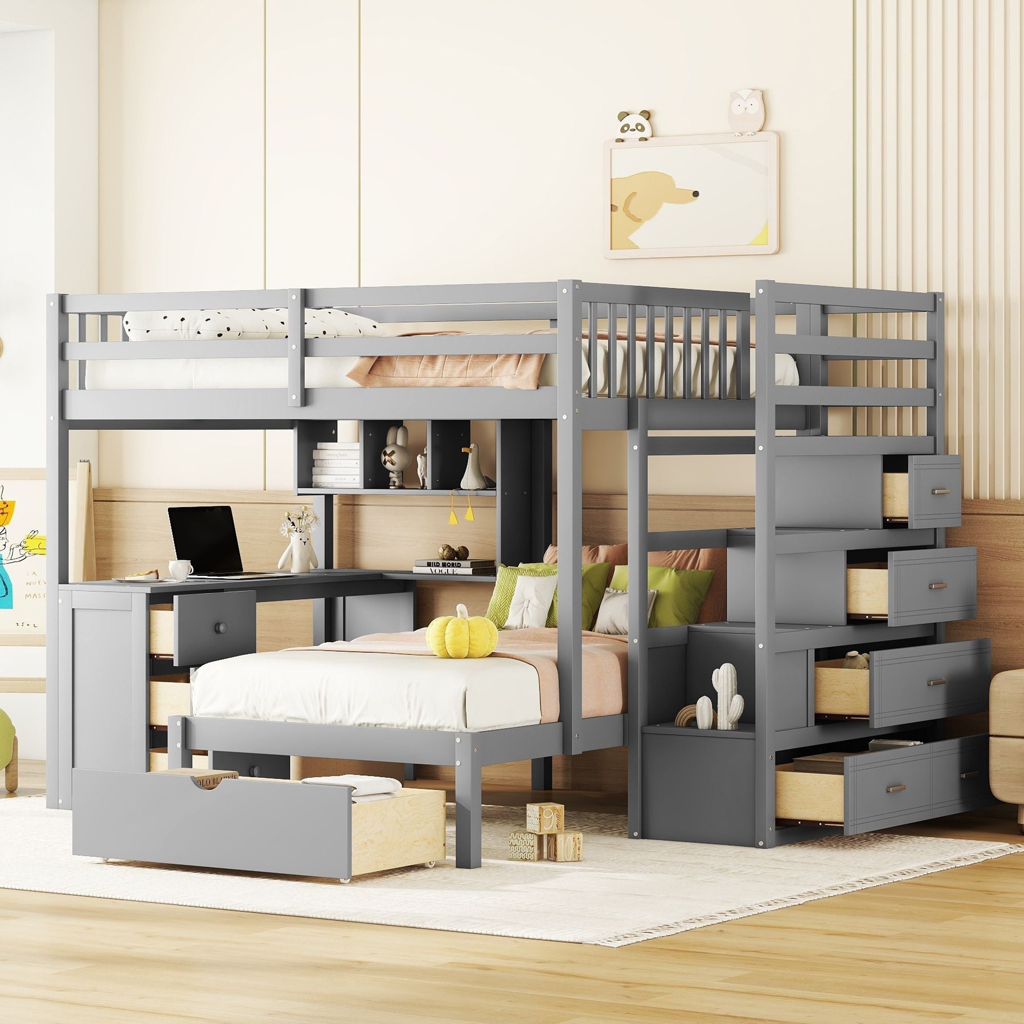 Shared Kids Room Full Over Twin Wood Bunk Bed with Desk, Drawers, Shelves Gray | Just Better Bunk Beds