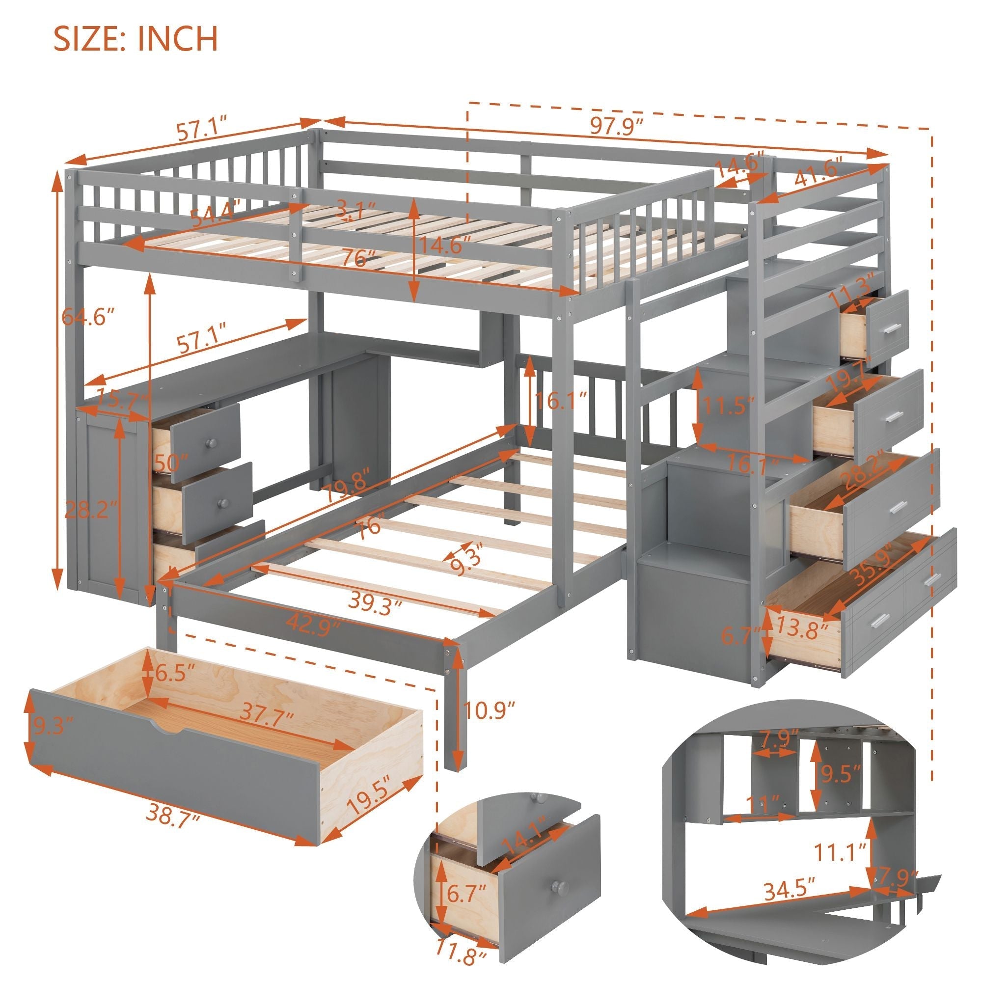 Shared Kids Room Full Over Twin Wood Bunk Bed with Desk, Drawers, Shelves Gray | Just Better Bunk Beds