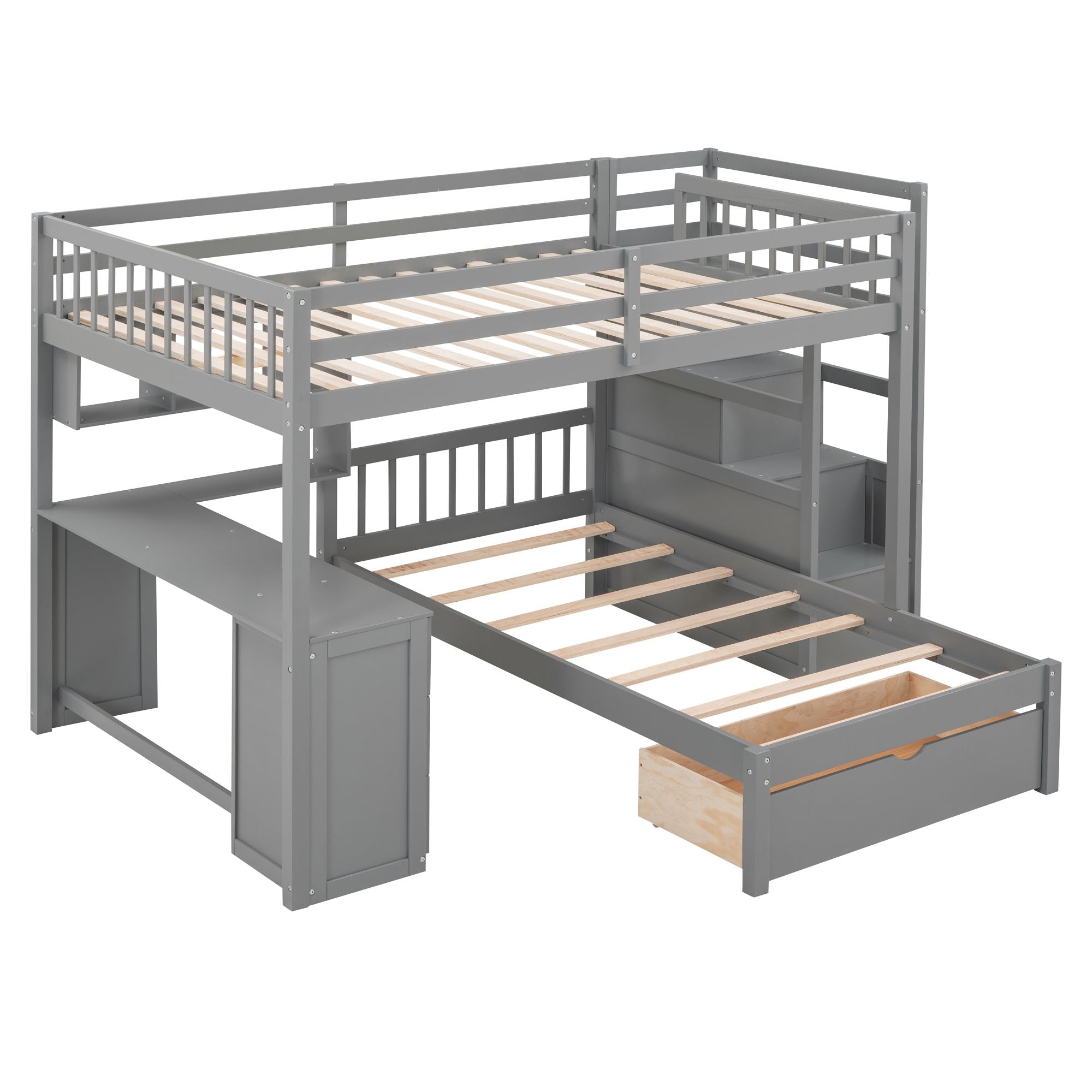 Shared Kids Room Full Over Twin Wood Bunk Bed with Desk, Drawers, Shelves Gray | Just Better Bunk Beds