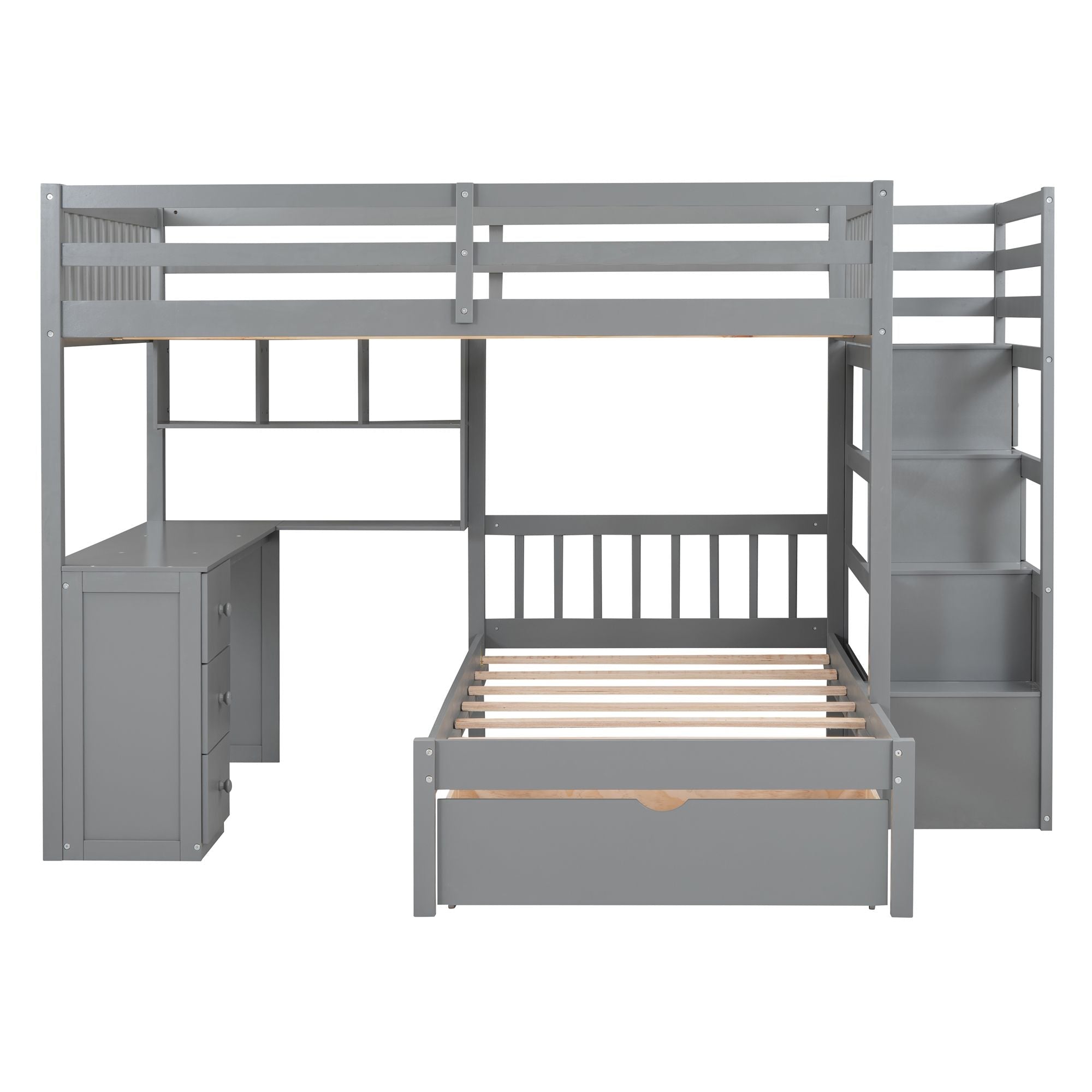 Shared Kids Room Full Over Twin Wood Bunk Bed with Desk, Drawers, Shelves Gray | Just Better Bunk Beds