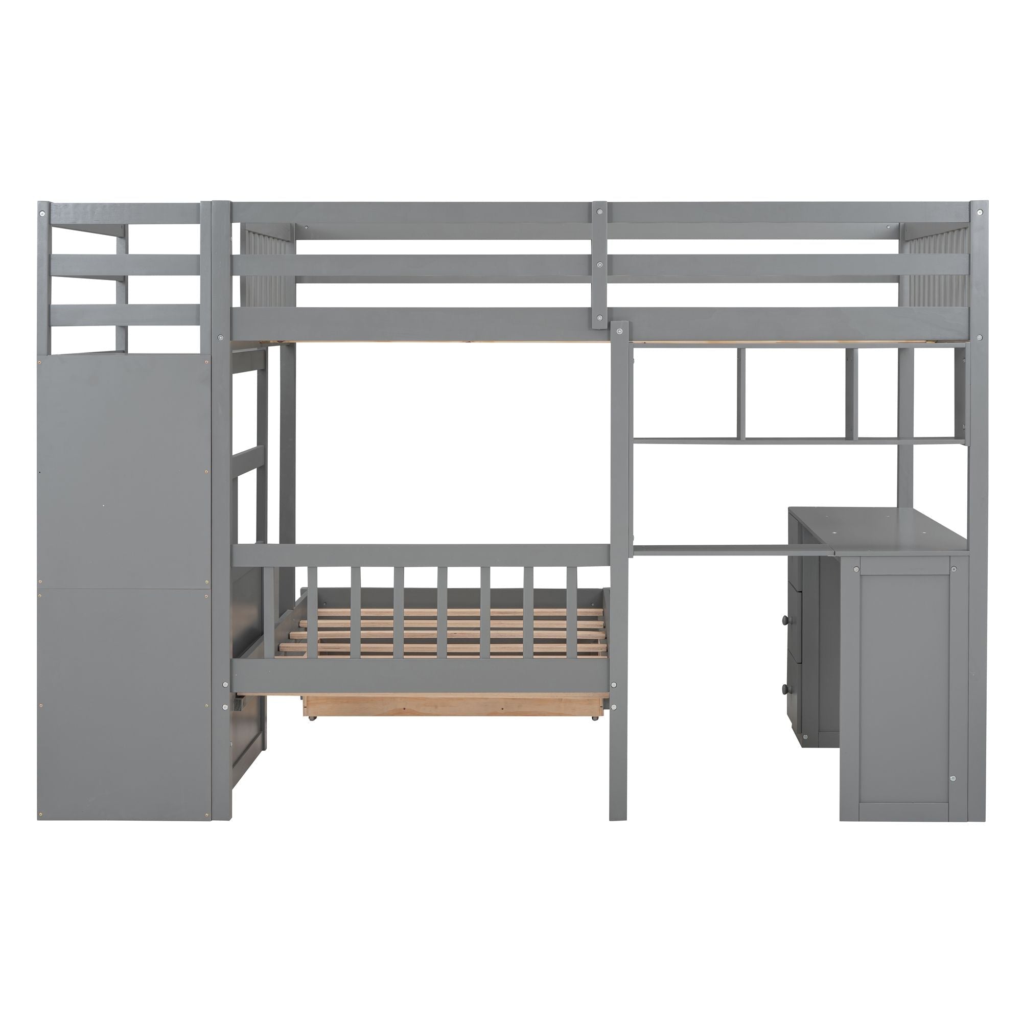 Shared Kids Room Full Over Twin Wood Bunk Bed with Desk, Drawers, Shelves Gray | Just Better Bunk Beds