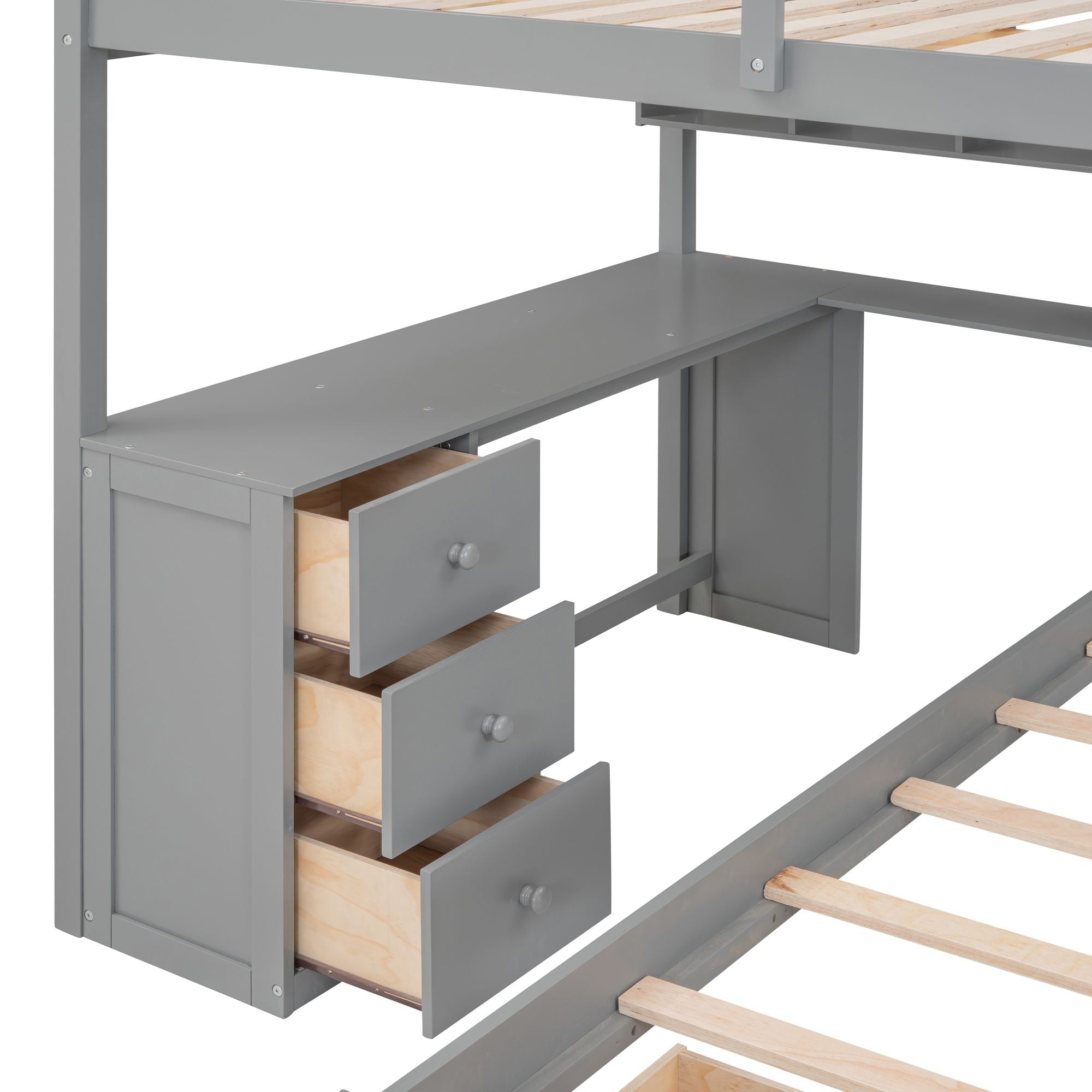 Shared Kids Room Full Over Twin Wood Bunk Bed with Desk, Drawers, Shelves Gray | Just Better Bunk Beds