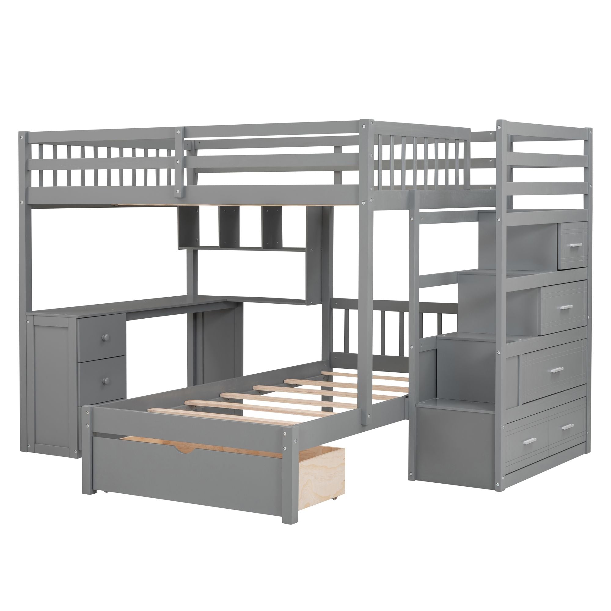 Shared Kids Room Full Over Twin Wood Bunk Bed with Desk, Drawers, Shelves Gray | Just Better Bunk Beds