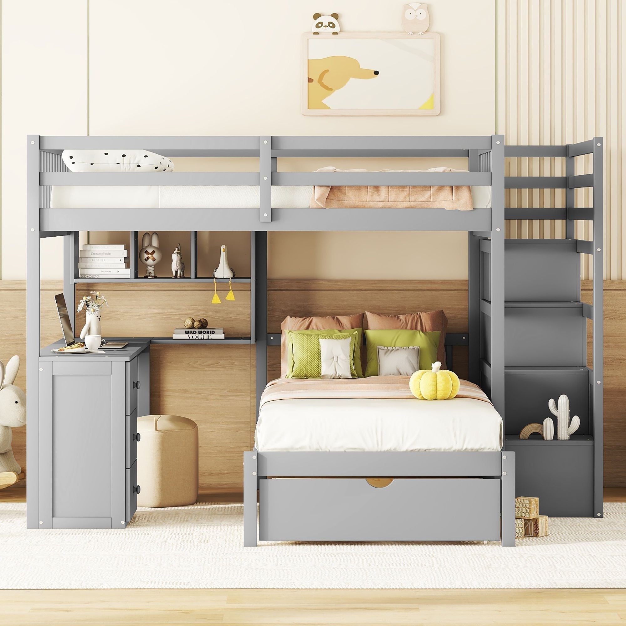 Shared Kids Room Full Over Twin Wood Bunk Bed with Desk, Drawers, Shelves Gray | Just Better Bunk Beds