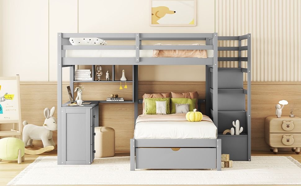 Shared Kids Room Full Over Twin Wood Bunk Bed with Desk, Drawers, Shelves Gray | Just Better Bunk Beds