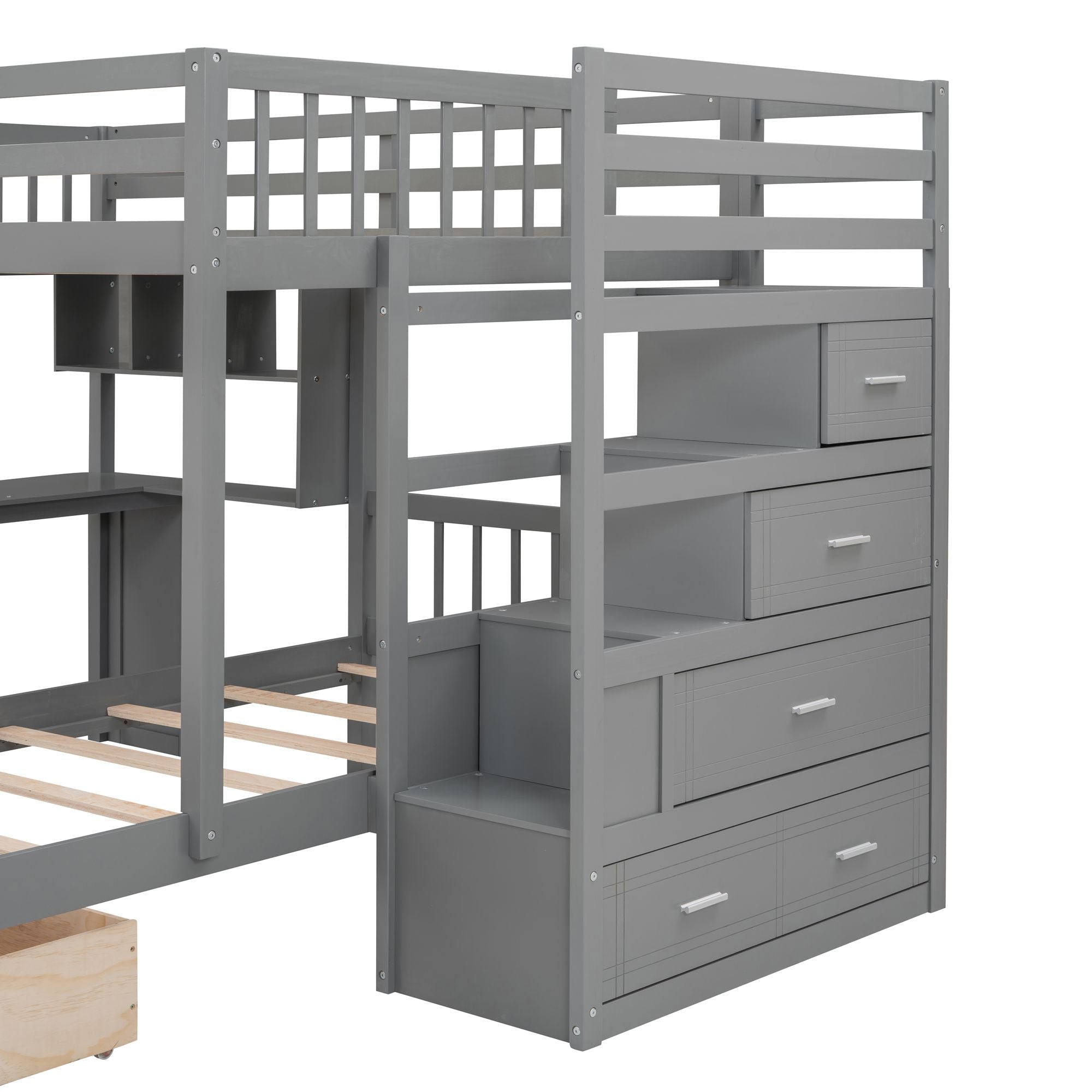 Shared Kids Room Full Over Twin Wood Bunk Bed with Desk, Drawers, Shelves Gray | Just Better Bunk Beds