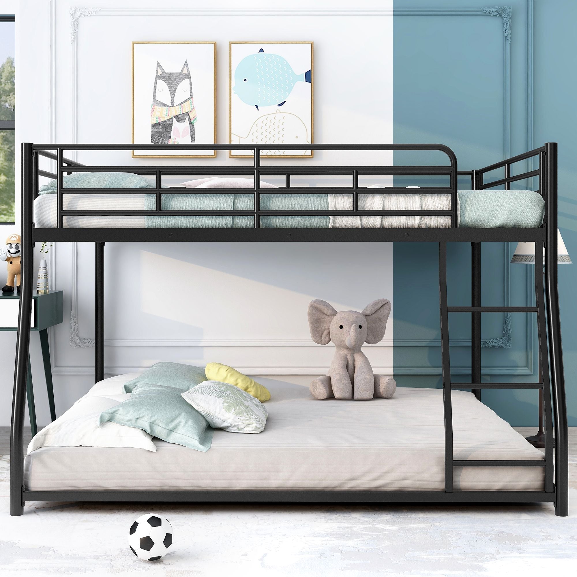 Shared Kids Room Full XL Over Queen Metal Bunk Bed with Ladder, Black | Just Better Bunk Beds