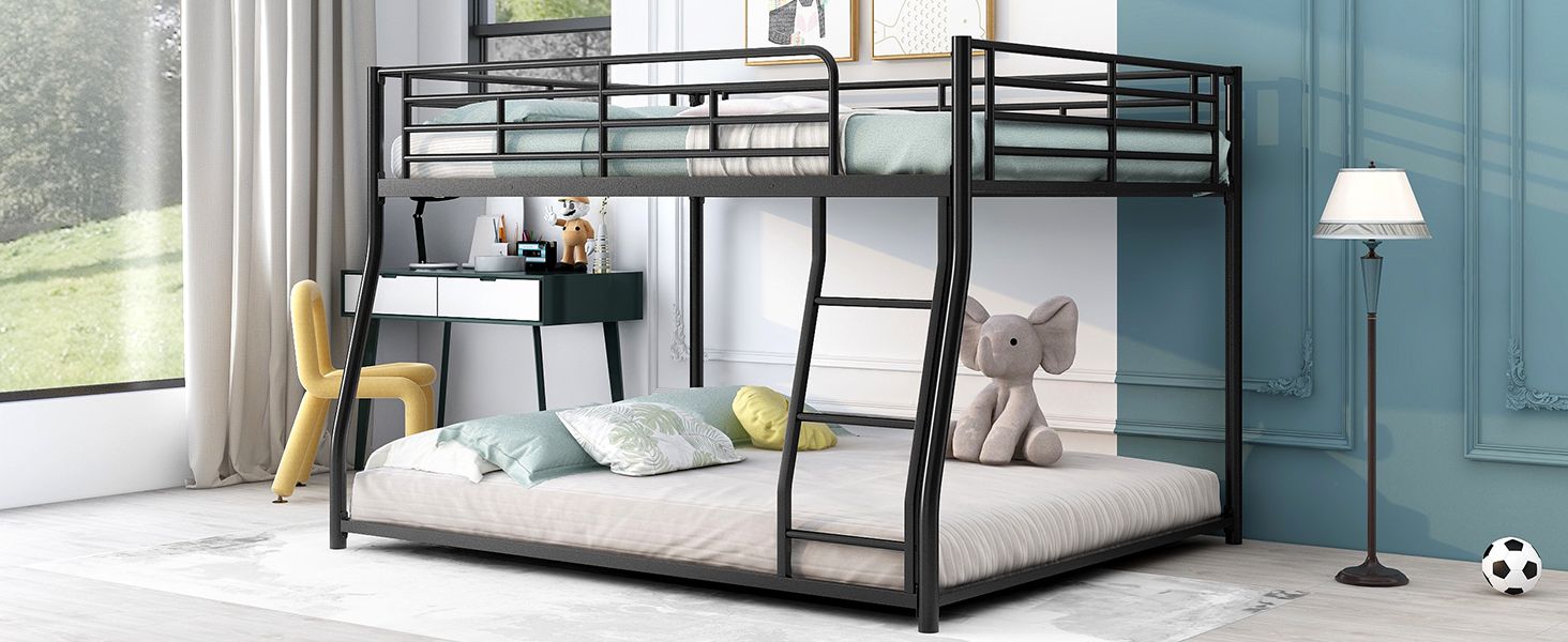 Shared Kids Room Full XL Over Queen Metal Bunk Bed with Ladder, Black | Just Better Bunk Beds
