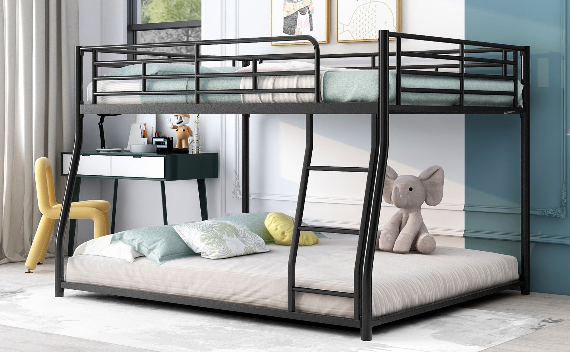 Shared Kids Room Full XL Over Queen Metal Bunk Bed with Ladder, Black | Just Better Bunk Beds