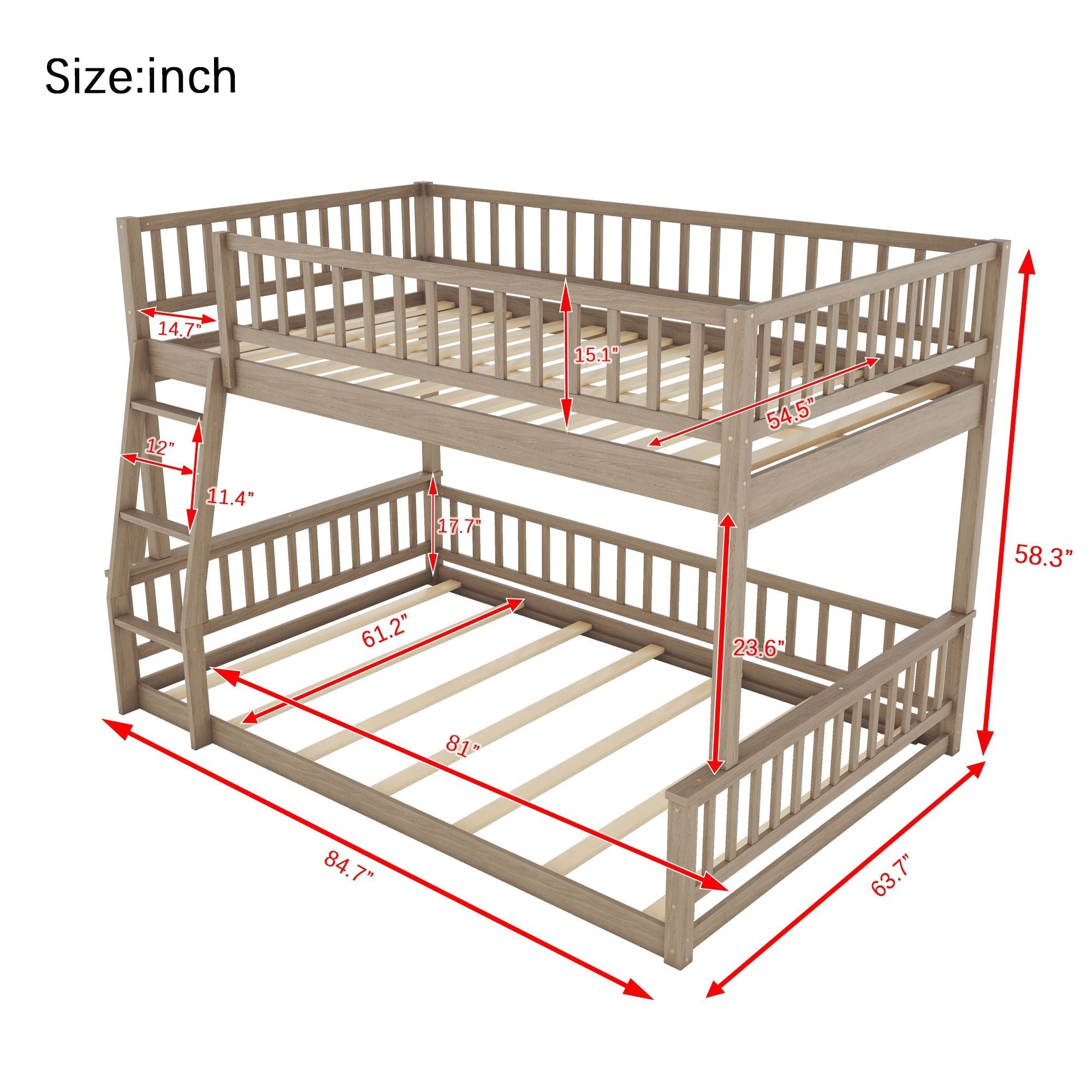 Shared Kids Room Full XL Over Queen Wood Bunk Bed with Ladder and Guardrails Walnut Finish | Just Better Bunk Beds