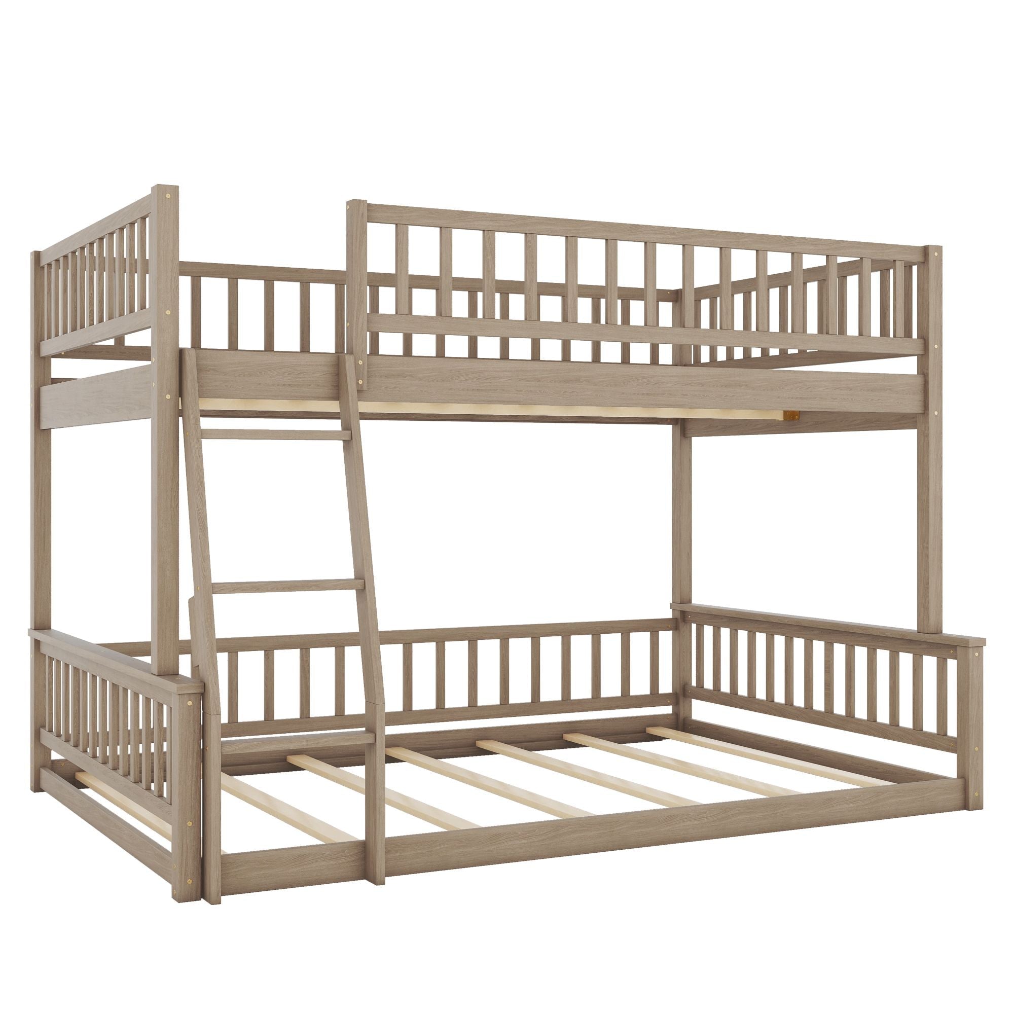 Shared Kids Room Full XL Over Queen Wood Bunk Bed with Ladder and Guardrails Walnut Finish | Just Better Bunk Beds