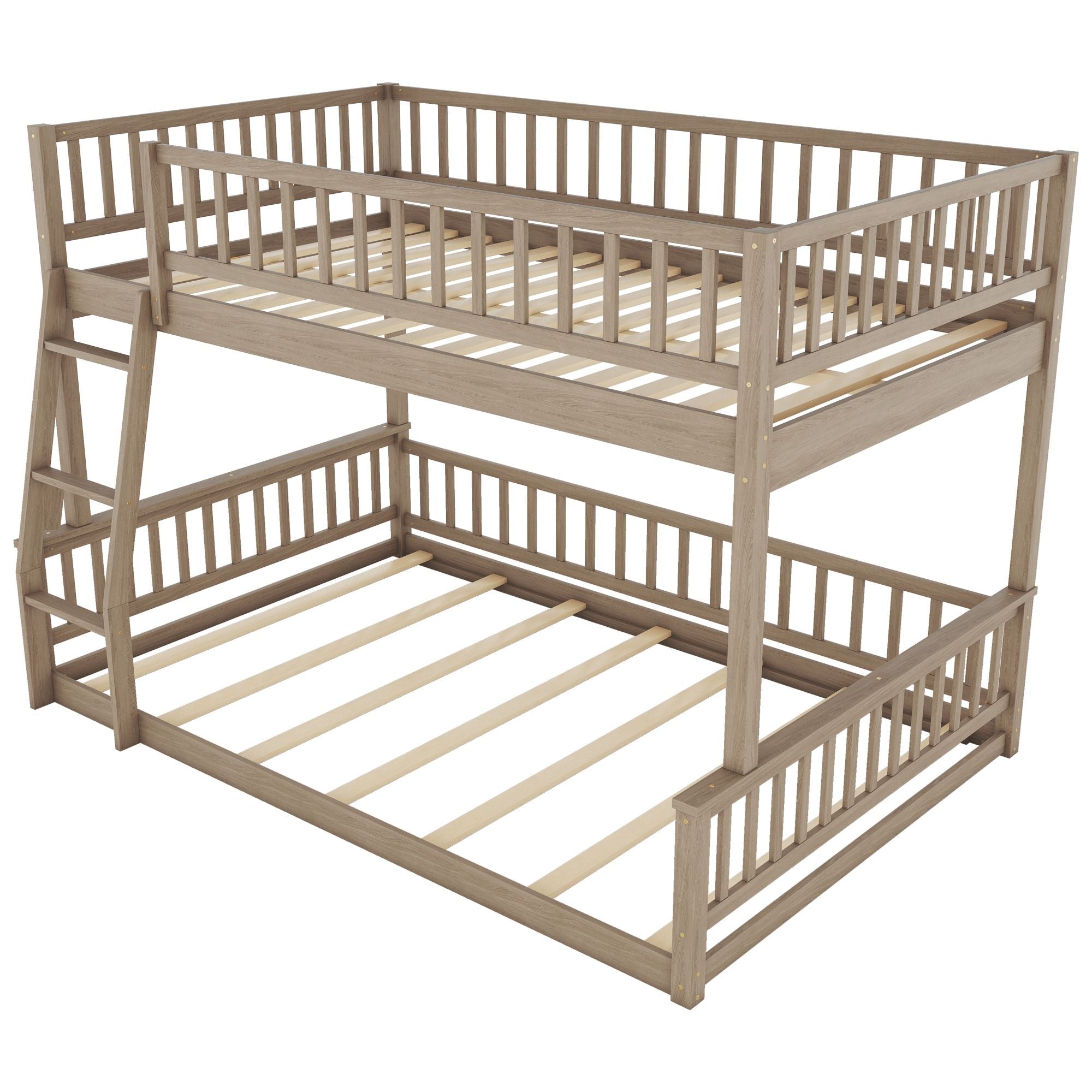 Shared Kids Room Full XL Over Queen Wood Bunk Bed with Ladder and Guardrails Walnut Finish | Just Better Bunk Beds