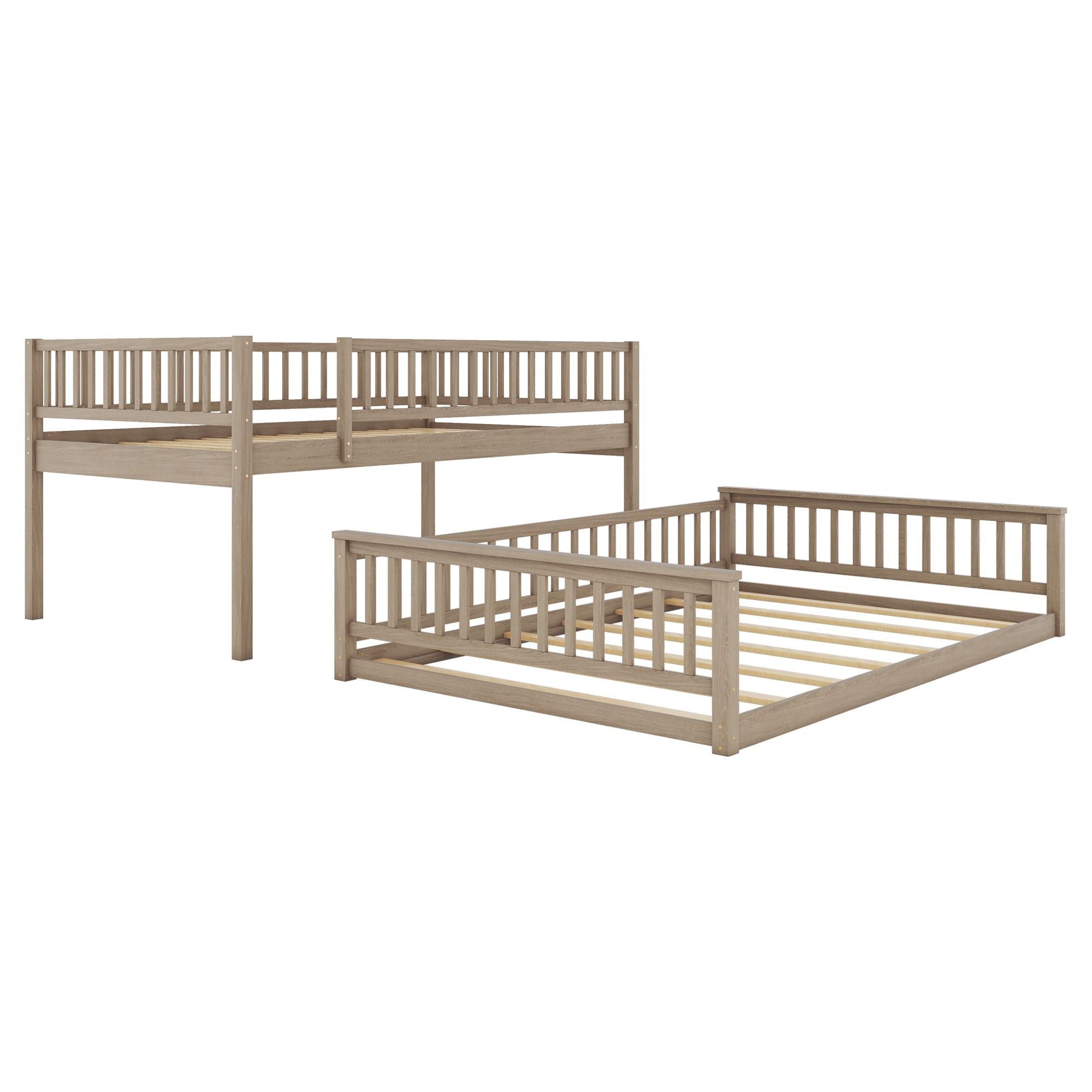 Shared Kids Room Full XL Over Queen Wood Bunk Bed with Ladder and Guardrails Walnut Finish | Just Better Bunk Beds