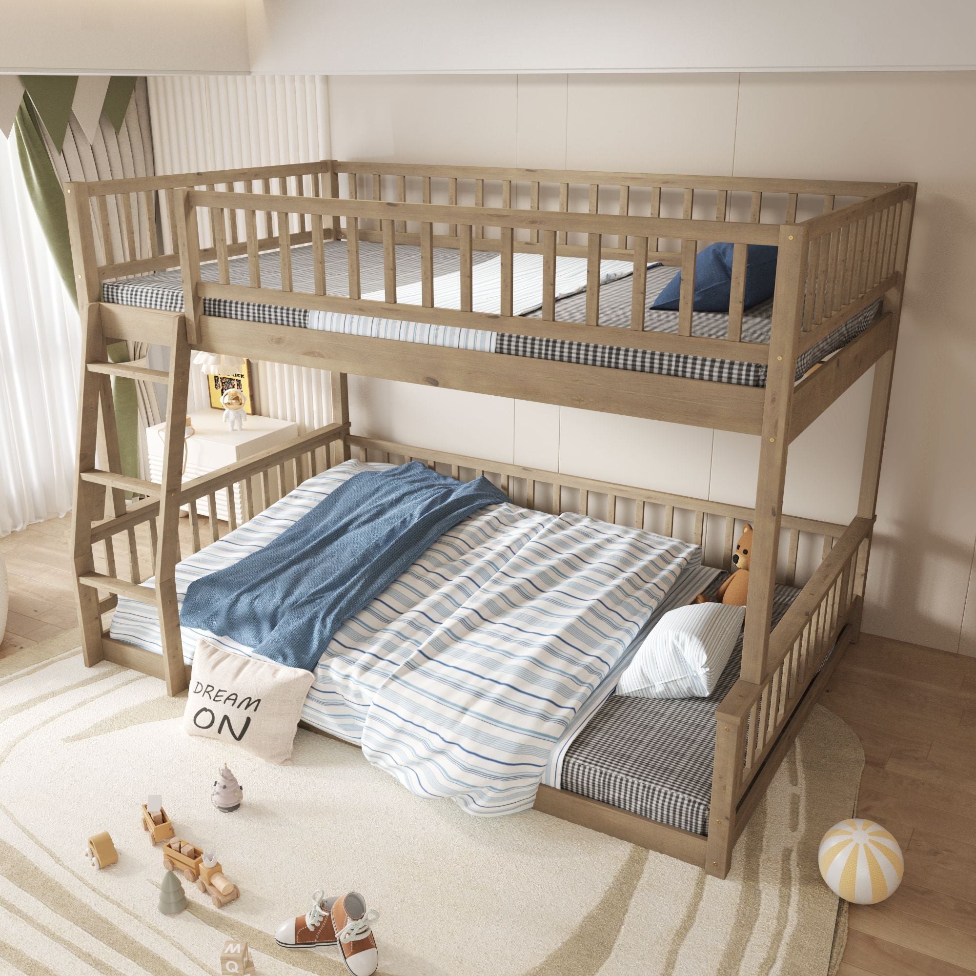 Shared Kids Room Full XL Over Queen Wood Bunk Bed with Ladder and Guardrails Walnut Finish | Just Better Bunk Beds