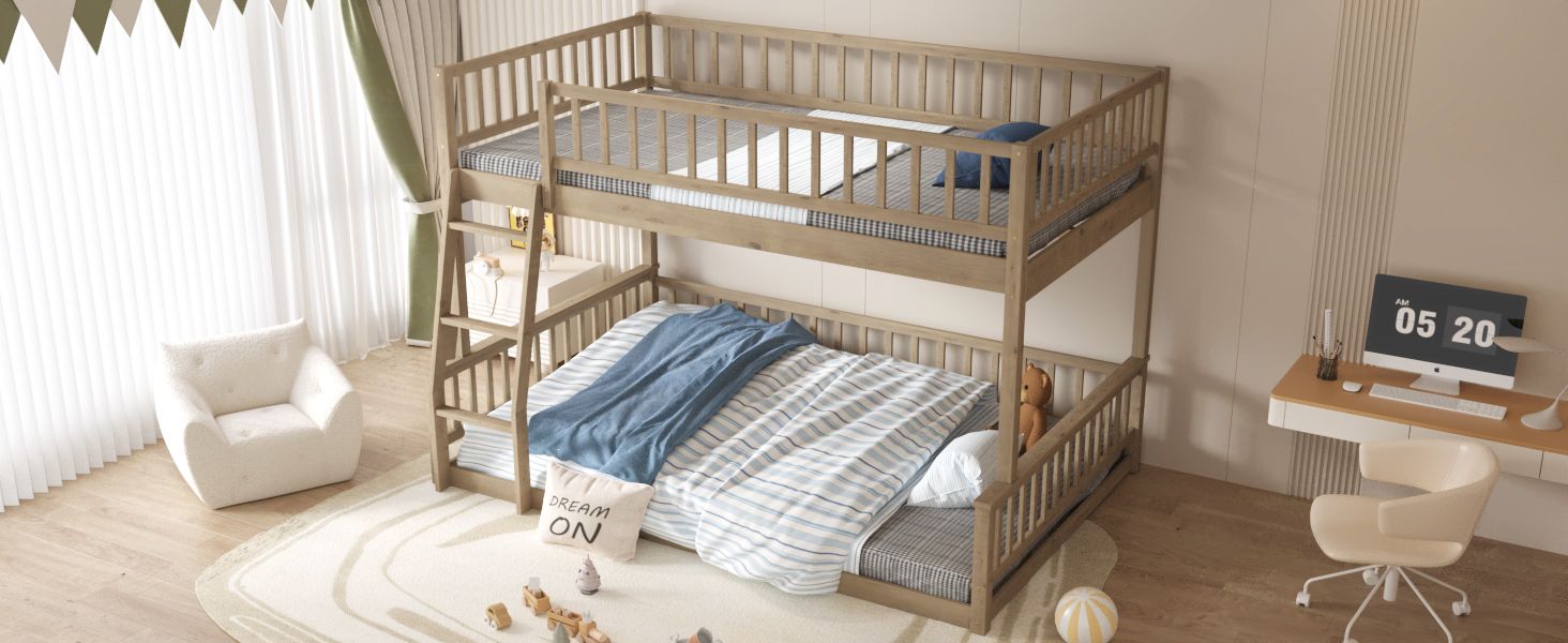 Shared Kids Room Full XL Over Queen Wood Bunk Bed with Ladder and Guardrails Walnut Finish | Just Better Bunk Beds