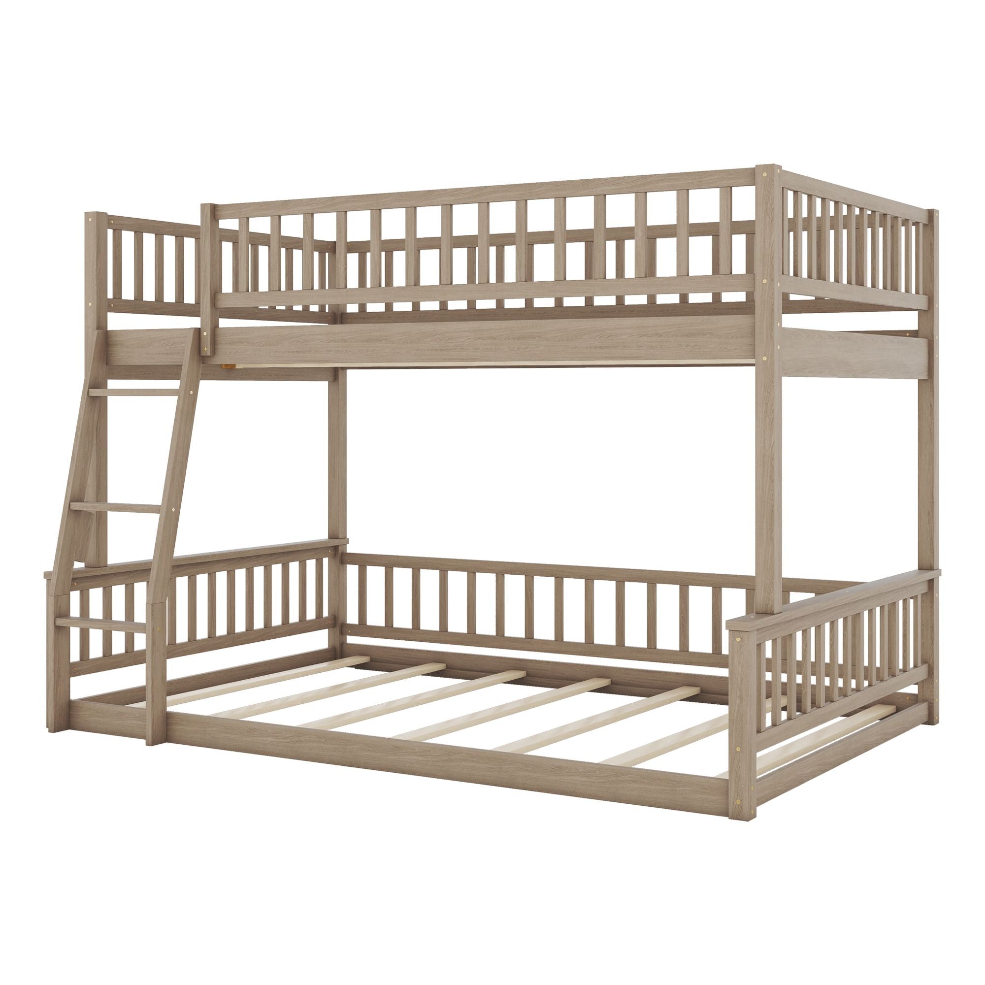 Shared Kids Room Full XL Over Queen Wood Bunk Bed with Ladder and Guardrails Walnut Finish | Just Better Bunk Beds