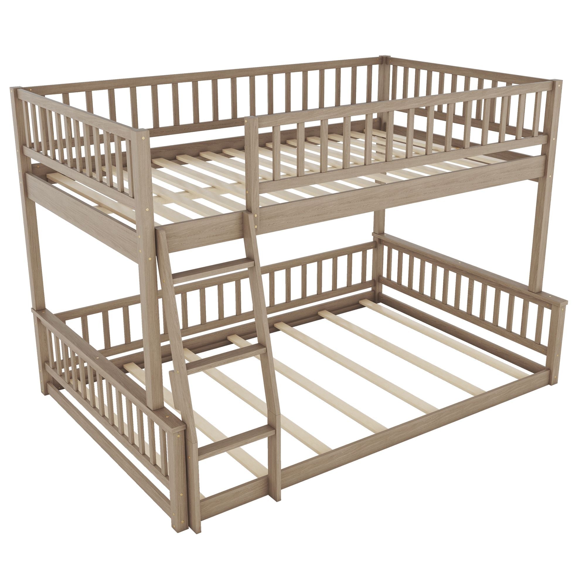 Shared Kids Room Full XL Over Queen Wood Bunk Bed with Ladder and Guardrails Walnut Finish | Just Better Bunk Beds