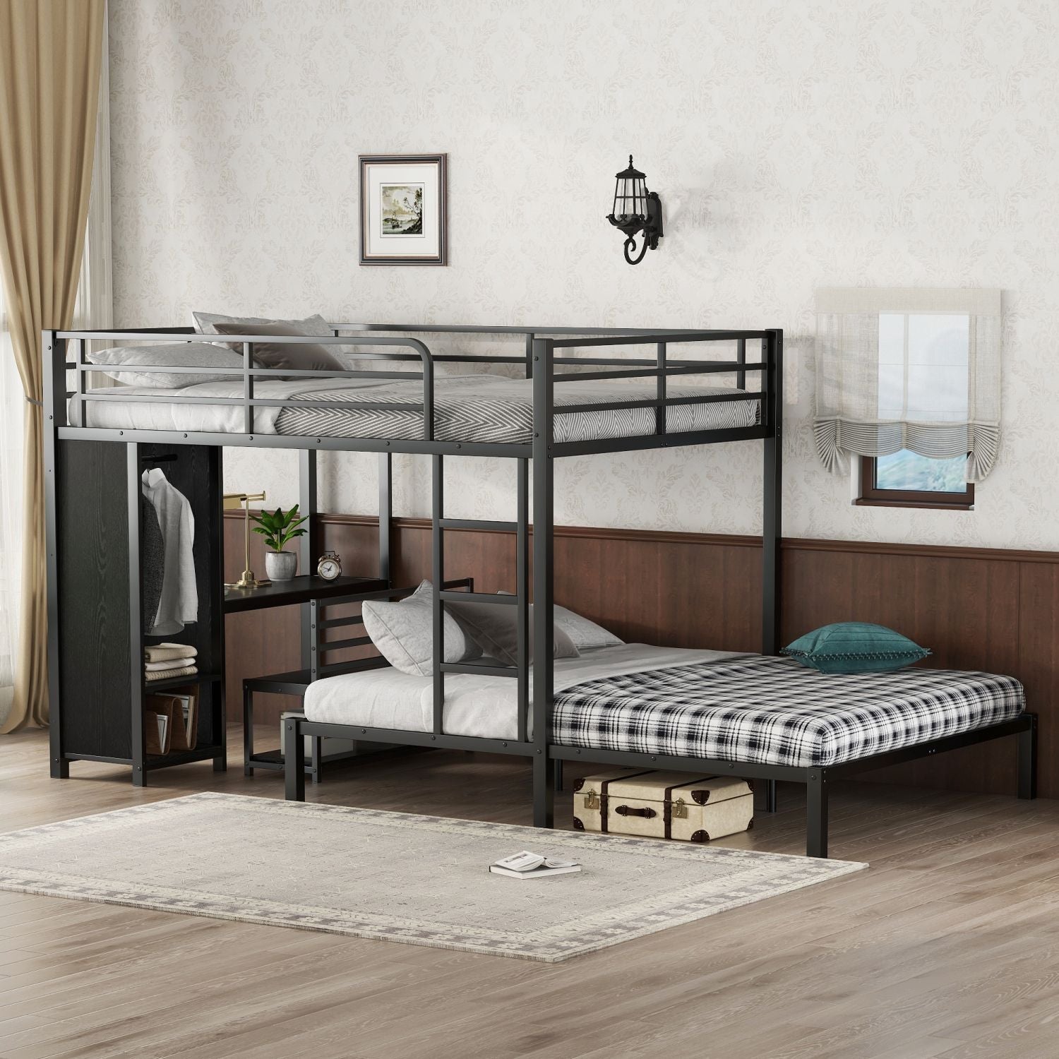 Shared Kids Room Queen Over Queen Metal Bunk Bed with Wardrobe, Desk, Storage Chairs in Black | Just Better Bunk Beds