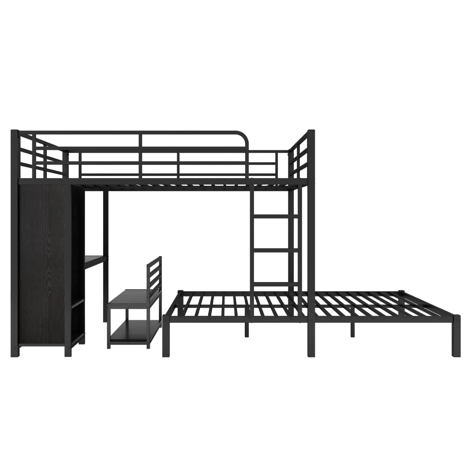 Shared Kids Room Queen Over Queen Metal Bunk Bed with Wardrobe, Desk, Storage Chairs in Black | Just Better Bunk Beds