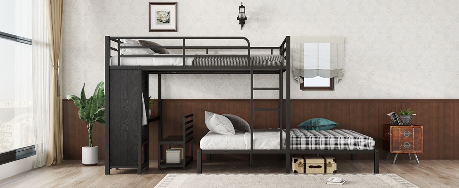 Shared Kids Room Queen Over Queen Metal Bunk Bed with Wardrobe, Desk, Storage Chairs in Black | Just Better Bunk Beds