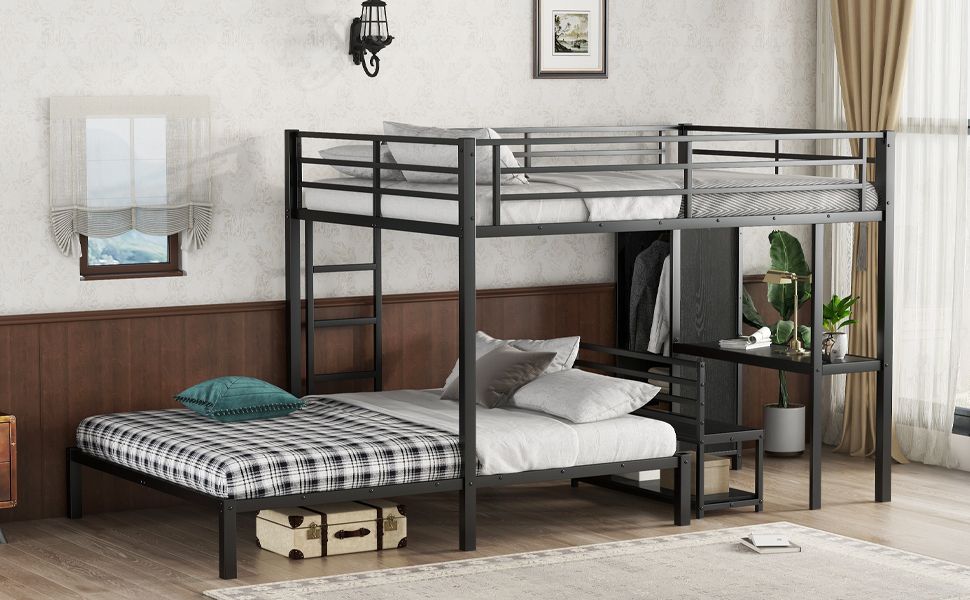Shared Kids Room Queen Over Queen Metal Bunk Bed with Wardrobe, Desk, Storage Chairs in Black | Just Better Bunk Beds