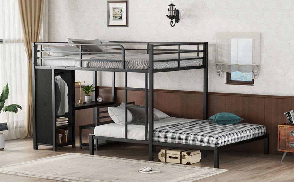 Shared Kids Room Queen Over Queen Metal Bunk Bed with Wardrobe, Desk, Storage Chairs in Black | Just Better Bunk Beds