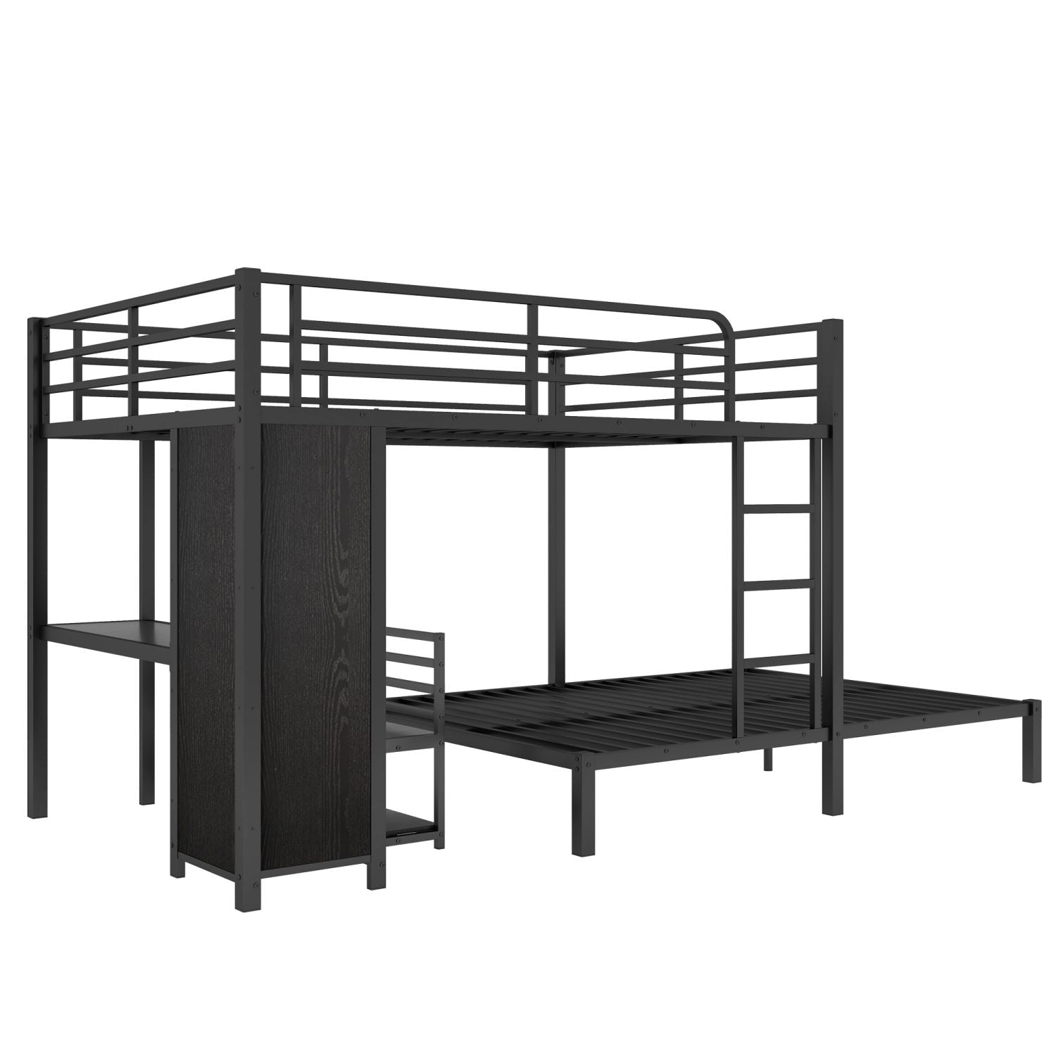 Shared Kids Room Queen Over Queen Metal Bunk Bed with Wardrobe, Desk, Storage Chairs in Black | Just Better Bunk Beds
