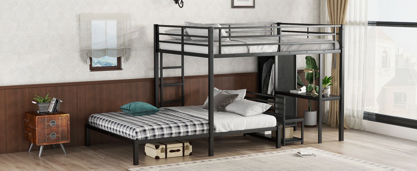 Shared Kids Room Queen Over Queen Metal Bunk Bed with Wardrobe, Desk, Storage Chairs in Black | Just Better Bunk Beds