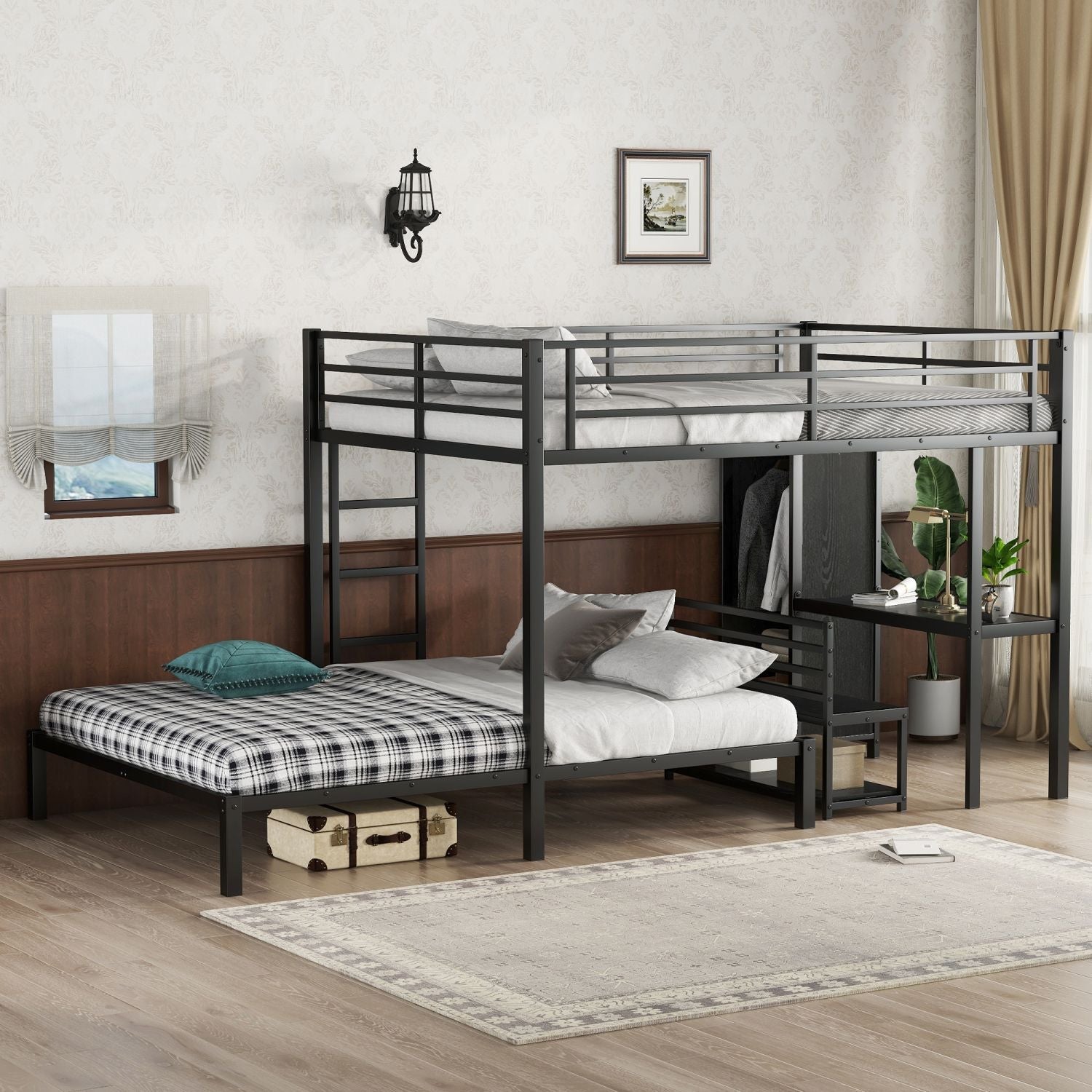 Shared Kids Room Queen Over Queen Metal Bunk Bed with Wardrobe, Desk, Storage Chairs in Black | Just Better Bunk Beds