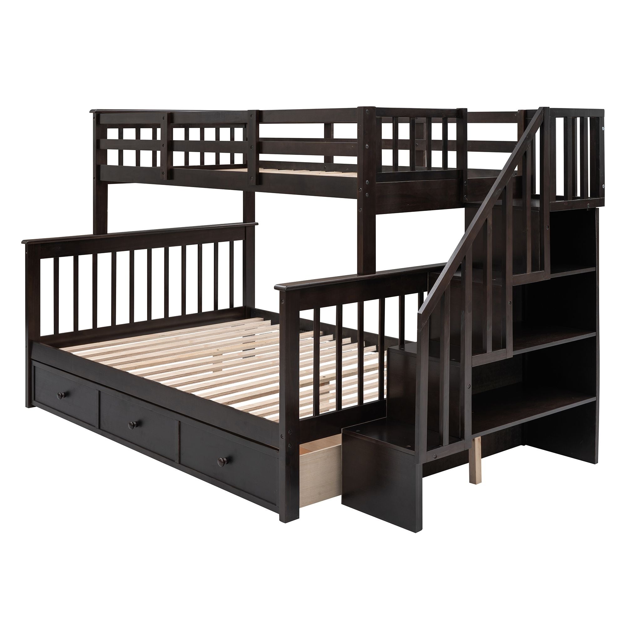 Shared Kids Room Staircase Storage Twin Over Full Wood Bunk Bed with Drawer and Guard Rail, Espresso | Just Better Bunk Beds