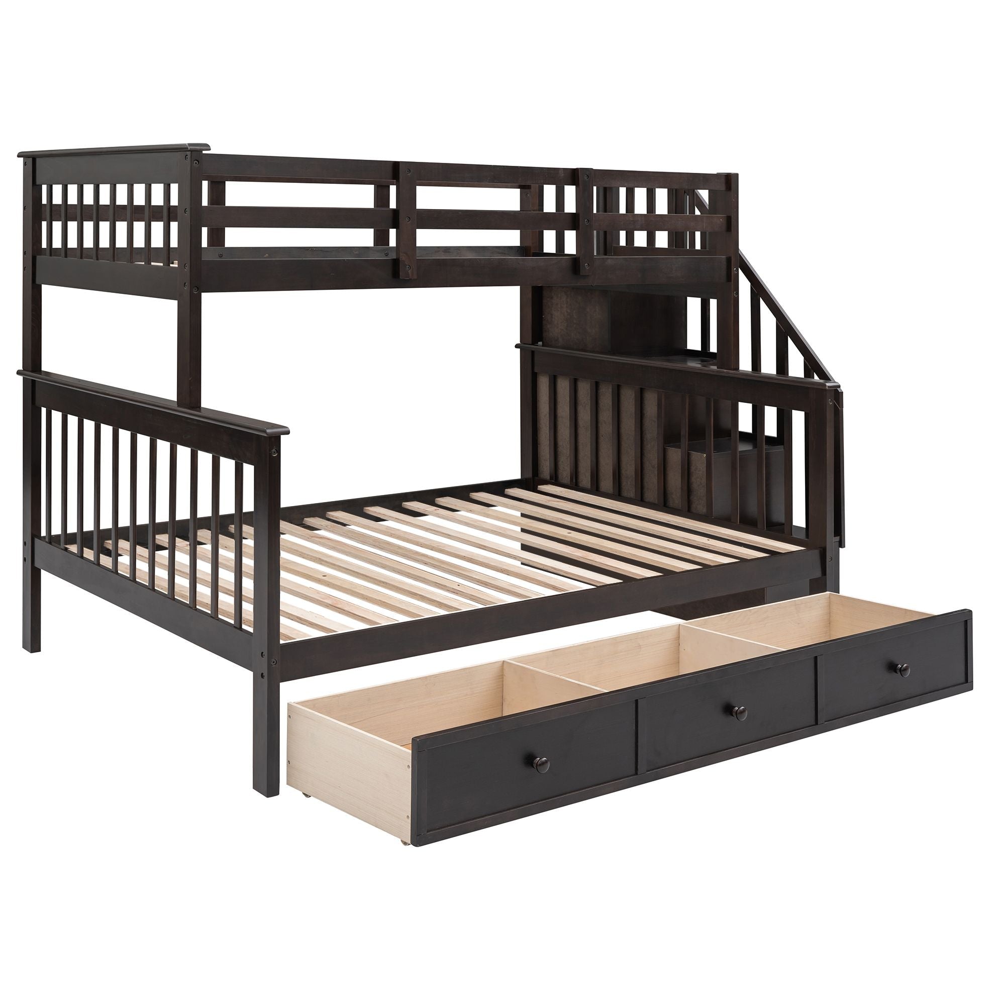 Shared Kids Room Staircase Storage Twin Over Full Wood Bunk Bed with Drawer and Guard Rail, Espresso | Just Better Bunk Beds