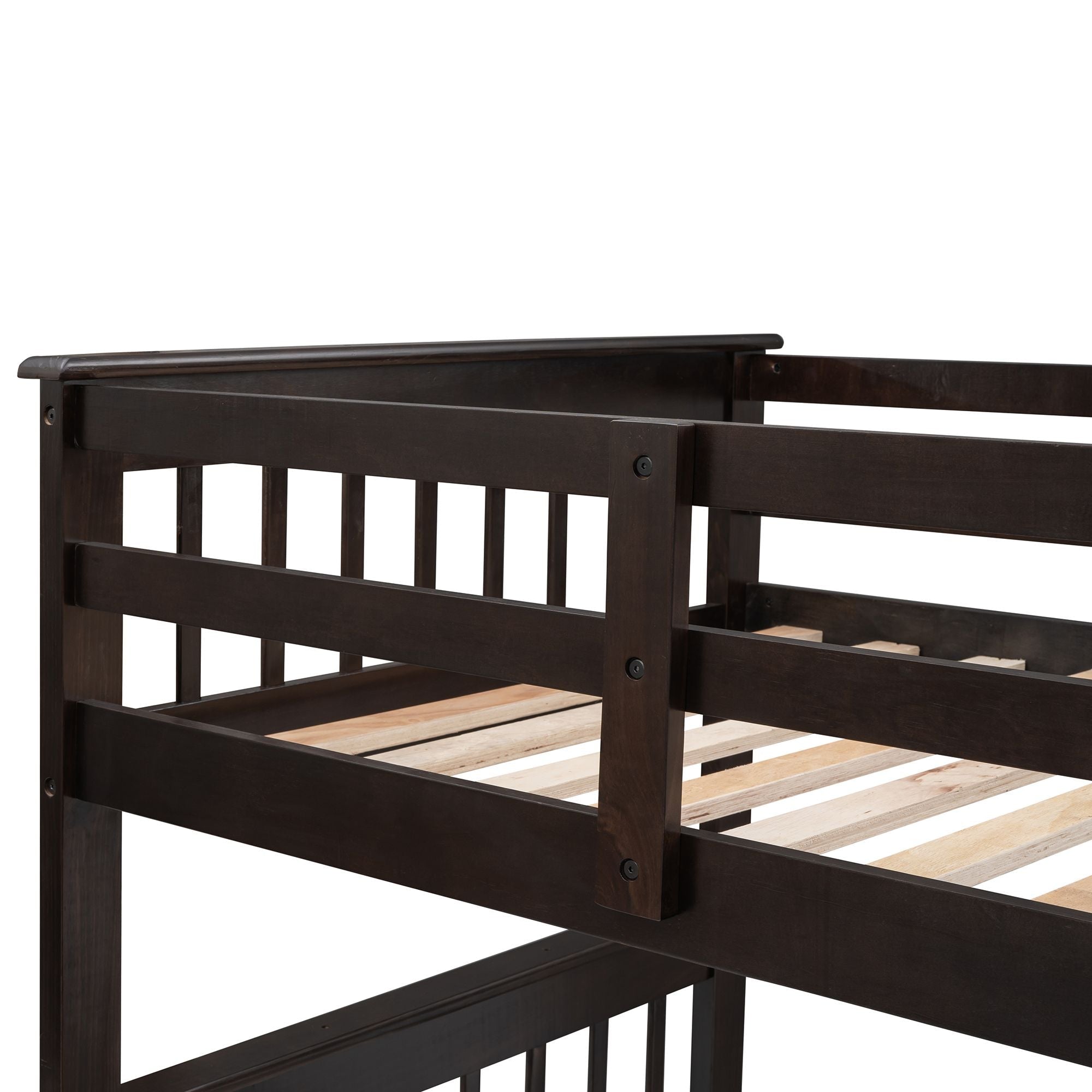 Shared Kids Room Staircase Storage Twin Over Full Wood Bunk Bed with Drawer and Guard Rail, Espresso | Just Better Bunk Beds