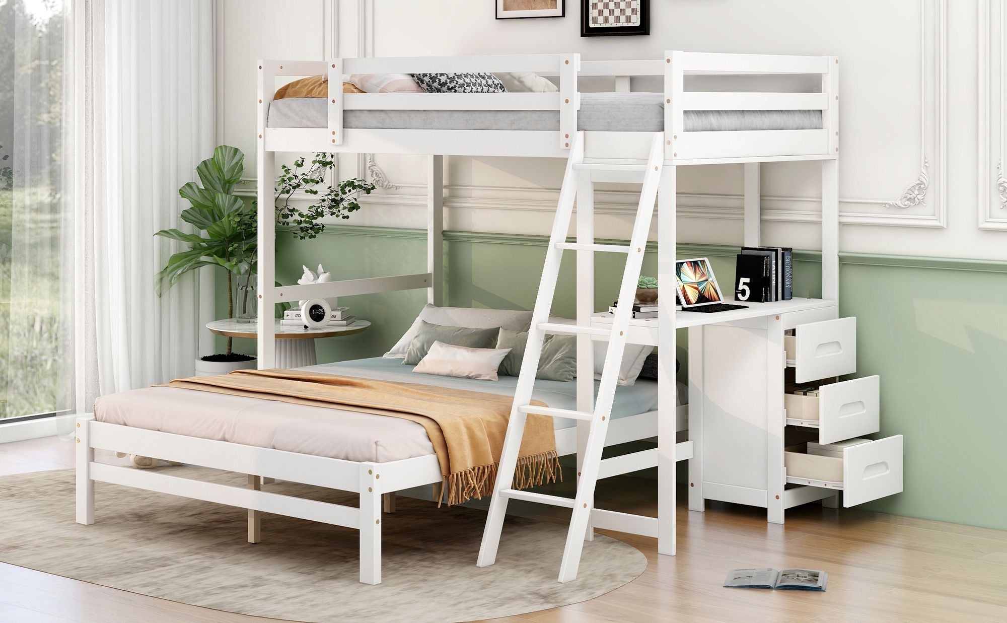 Shared Kids Room Twin Over Full Wood Bunk Bed with Built-in Desk and Storage Drawers, White | Just Better Bunk Beds