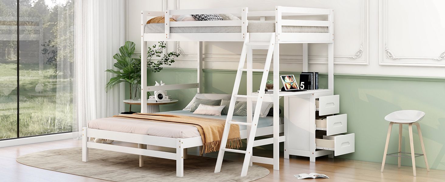 Shared Kids Room Twin Over Full Wood Bunk Bed with Built-in Desk and Storage Drawers, White | Just Better Bunk Beds