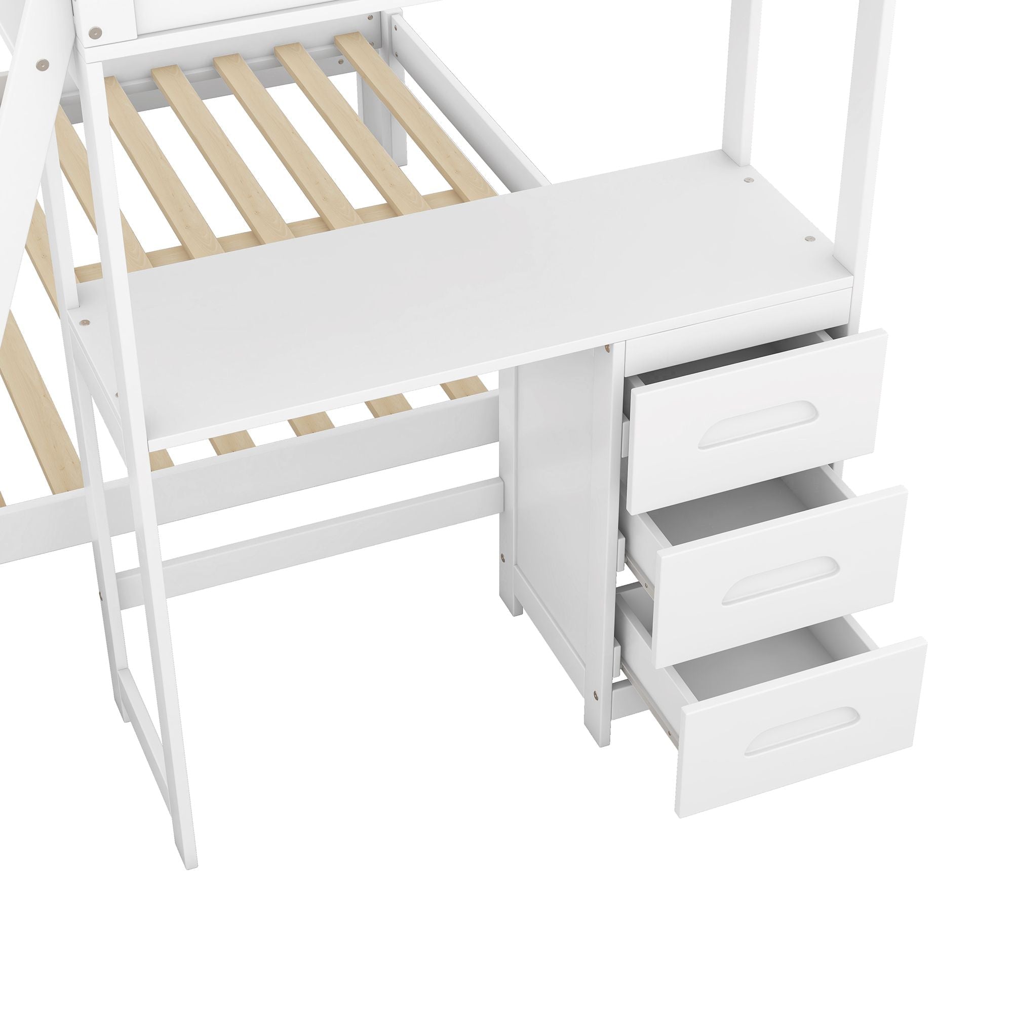 Shared Kids Room Twin Over Full Wood Bunk Bed with Built-In Desk and Three Drawers White | Just Better Bunk Beds