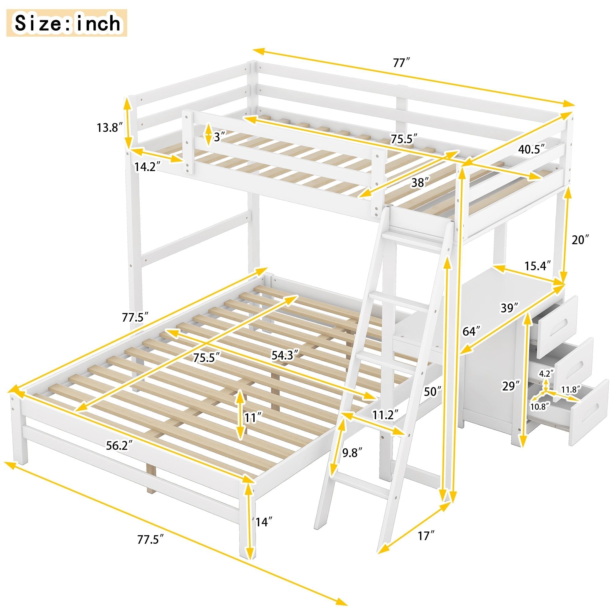 Shared Kids Room Twin Over Full Wood Bunk Bed with Built-In Desk and Three Drawers White | Just Better Bunk Beds