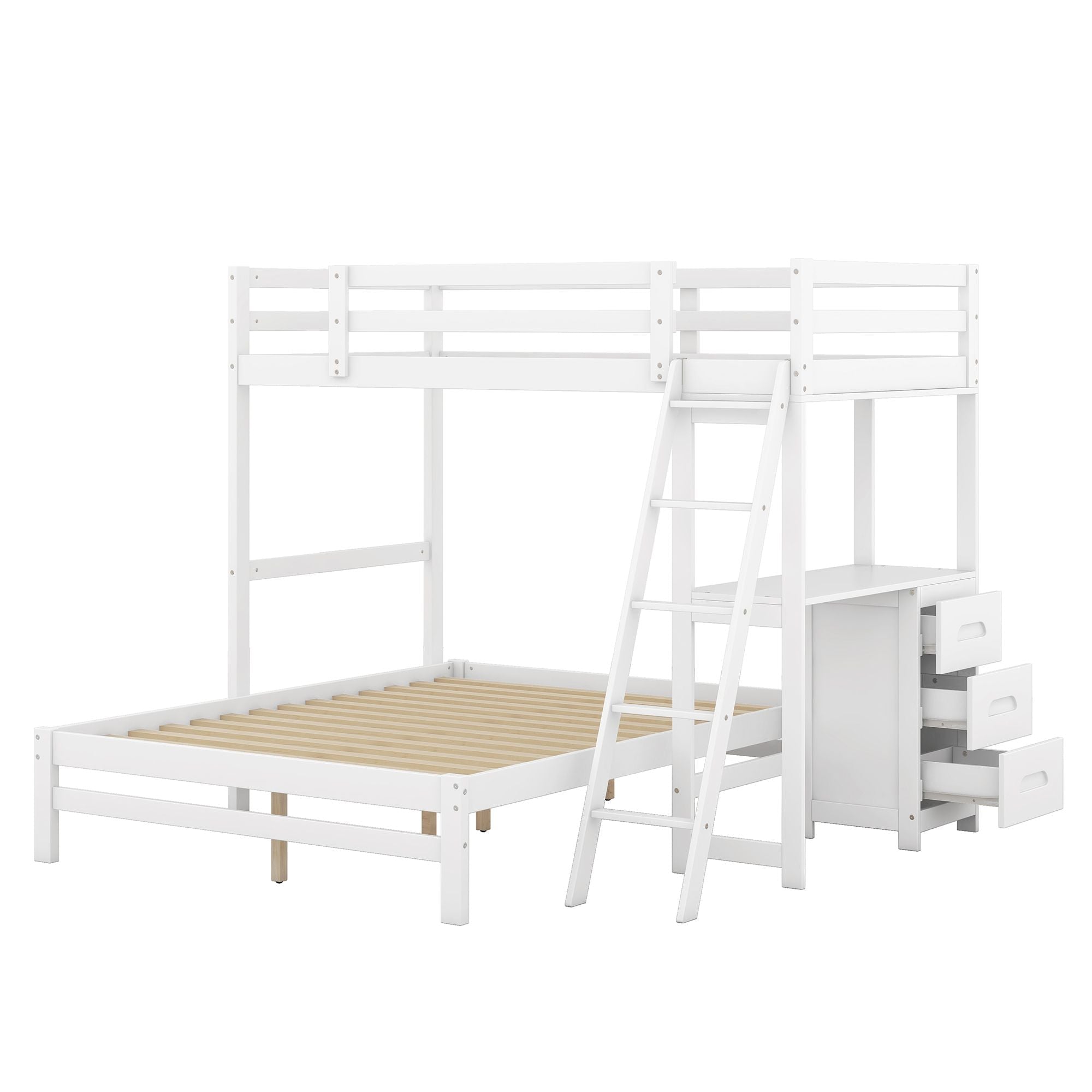 Shared Kids Room Twin Over Full Wood Bunk Bed with Built-In Desk and Three Drawers White | Just Better Bunk Beds