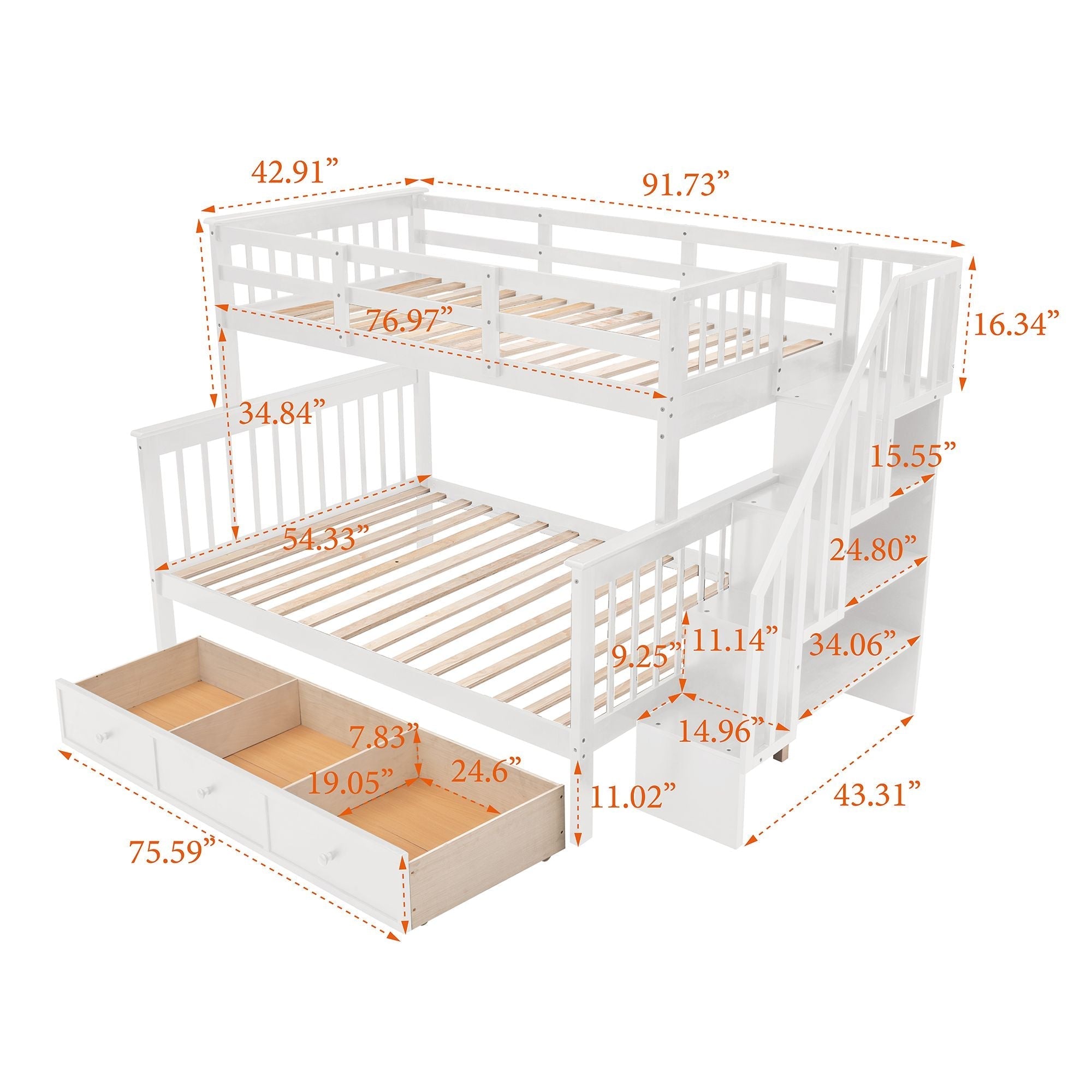 Shared Kids Room Twin Over Full Wood Bunk Bed with Staircase Storage Drawers, Guard Rail, Espresso Gray White | Just Better Bunk Beds