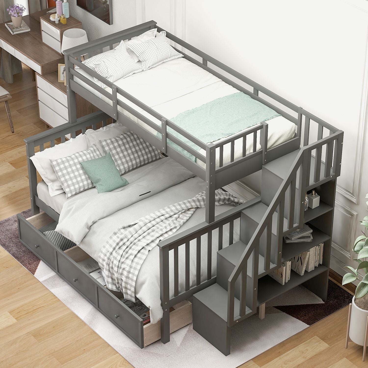 Shared Kids Room Twin Over Full Wood Bunk Bed with Staircase Storage Drawers, Guard Rail, Espresso Gray White | Just Better Bunk Beds