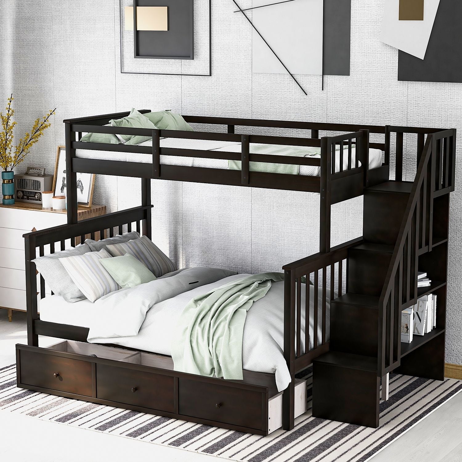 Shared Kids Room Twin Over Full Wood Bunk Bed with Staircase Storage Drawers, Guard Rail, Espresso Gray White | Just Better Bunk Beds