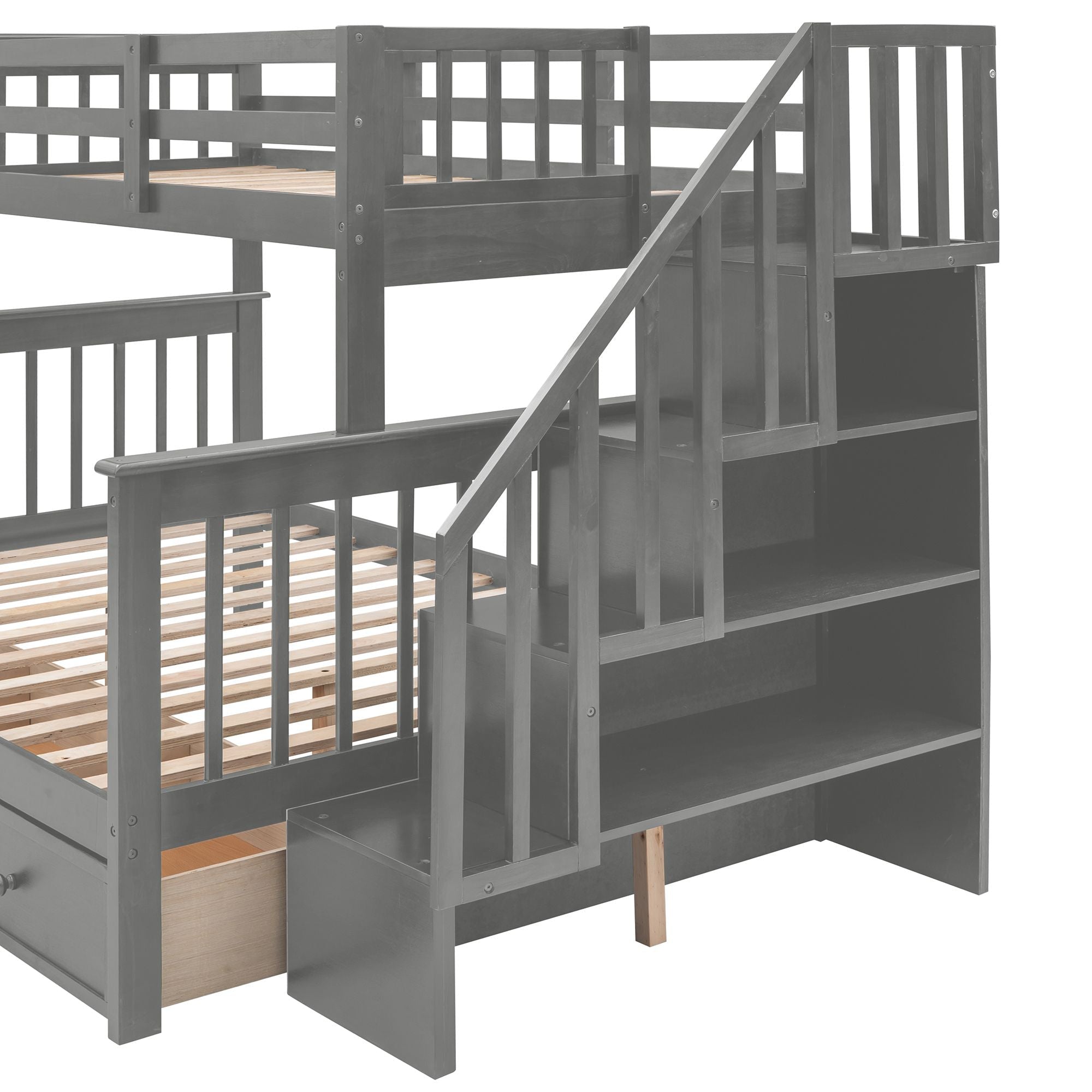 Shared Kids Room Twin Over Full Wood Bunk Bed with Staircase Storage Drawers, Guard Rail, Espresso Gray White | Just Better Bunk Beds